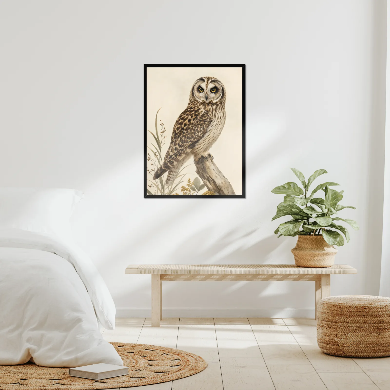 Pueo Print framed at 24x30 inches, shown on a wall to scale