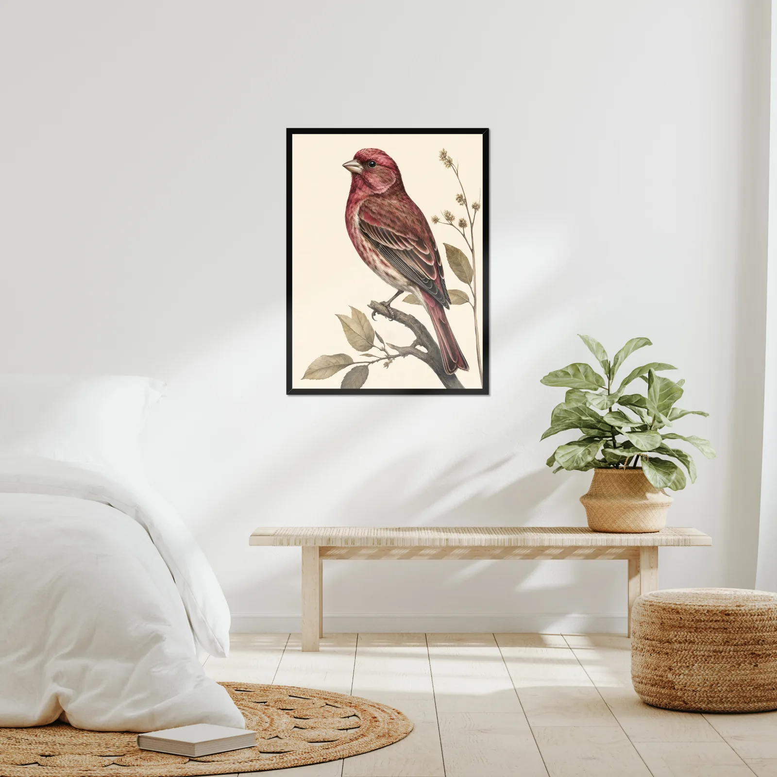 Purple Finch Print framed at 24x30 inches, shown on a wall to scale