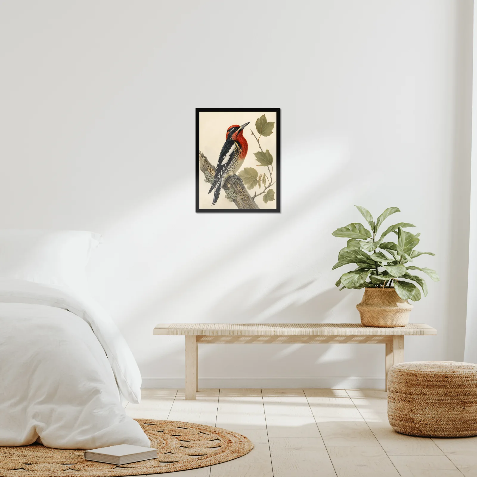 Red-breasted Sapsucker Print framed at 16x20 inches, shown on a wall to scale