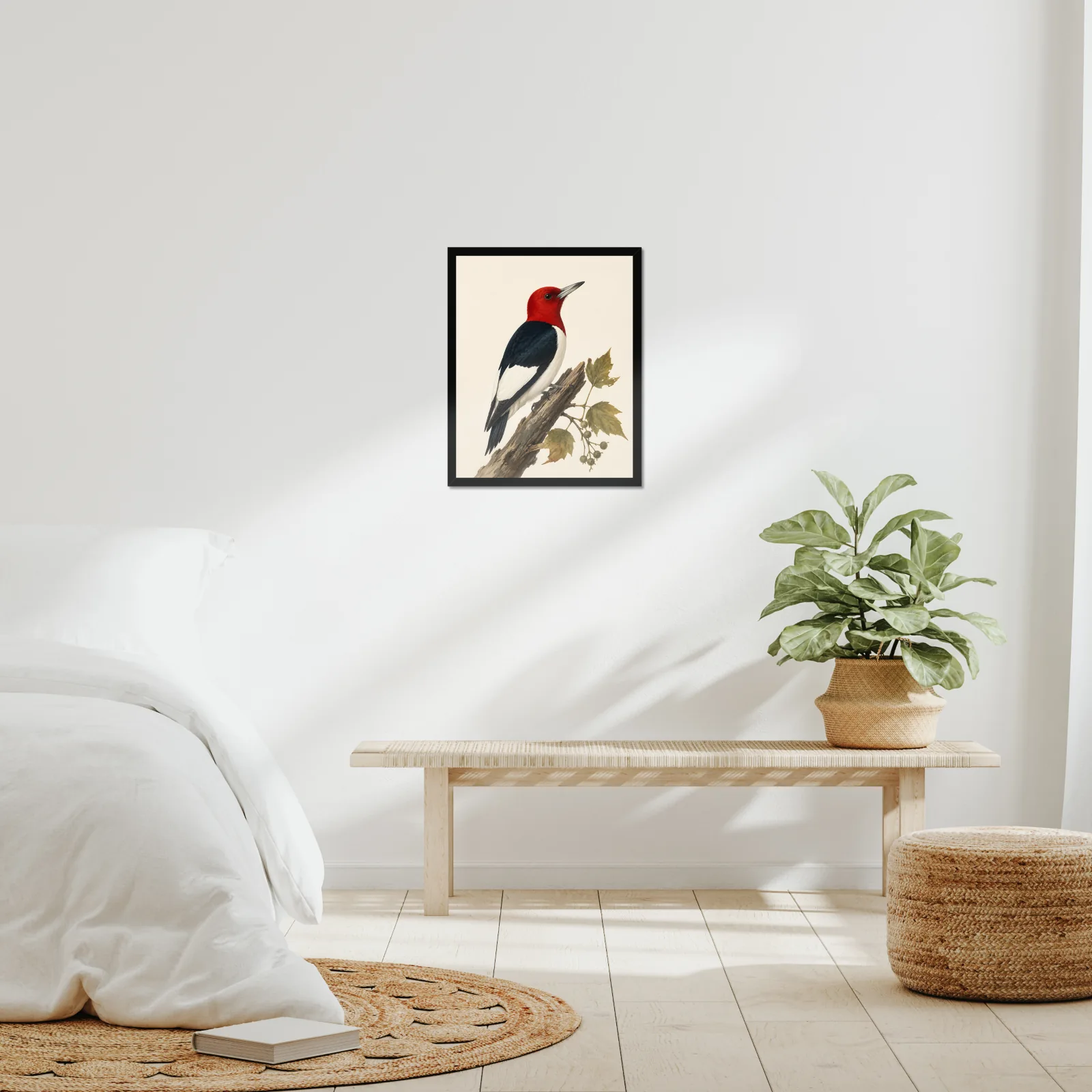 Red-headed Woodpecker Print framed at 16x20 inches, shown on a wall to scale