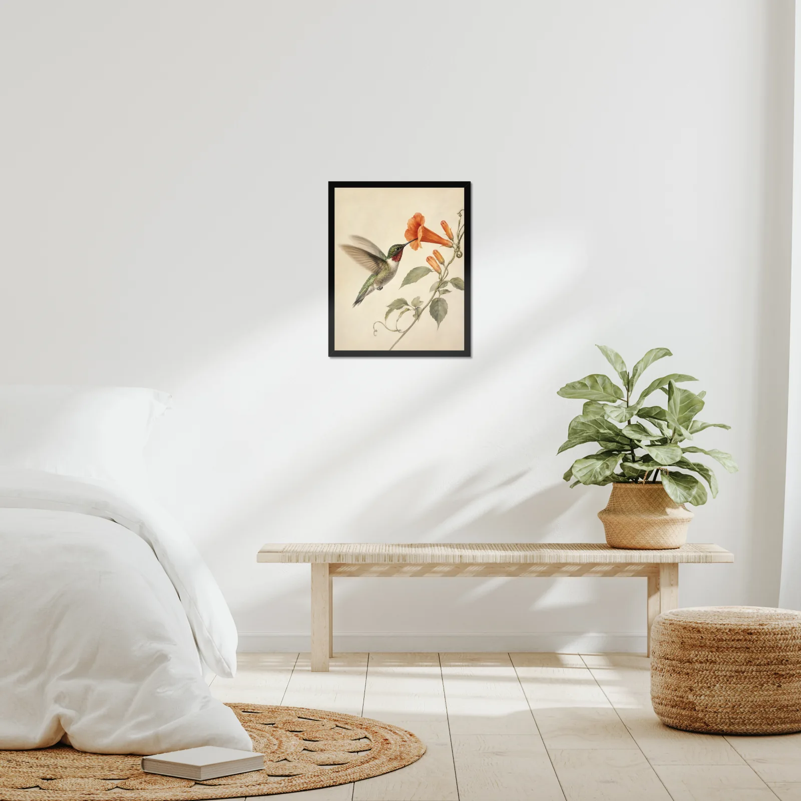 Ruby-throated Hummingbird at Trumpet Vine Print framed at 16x20 inches, shown on a wall to scale