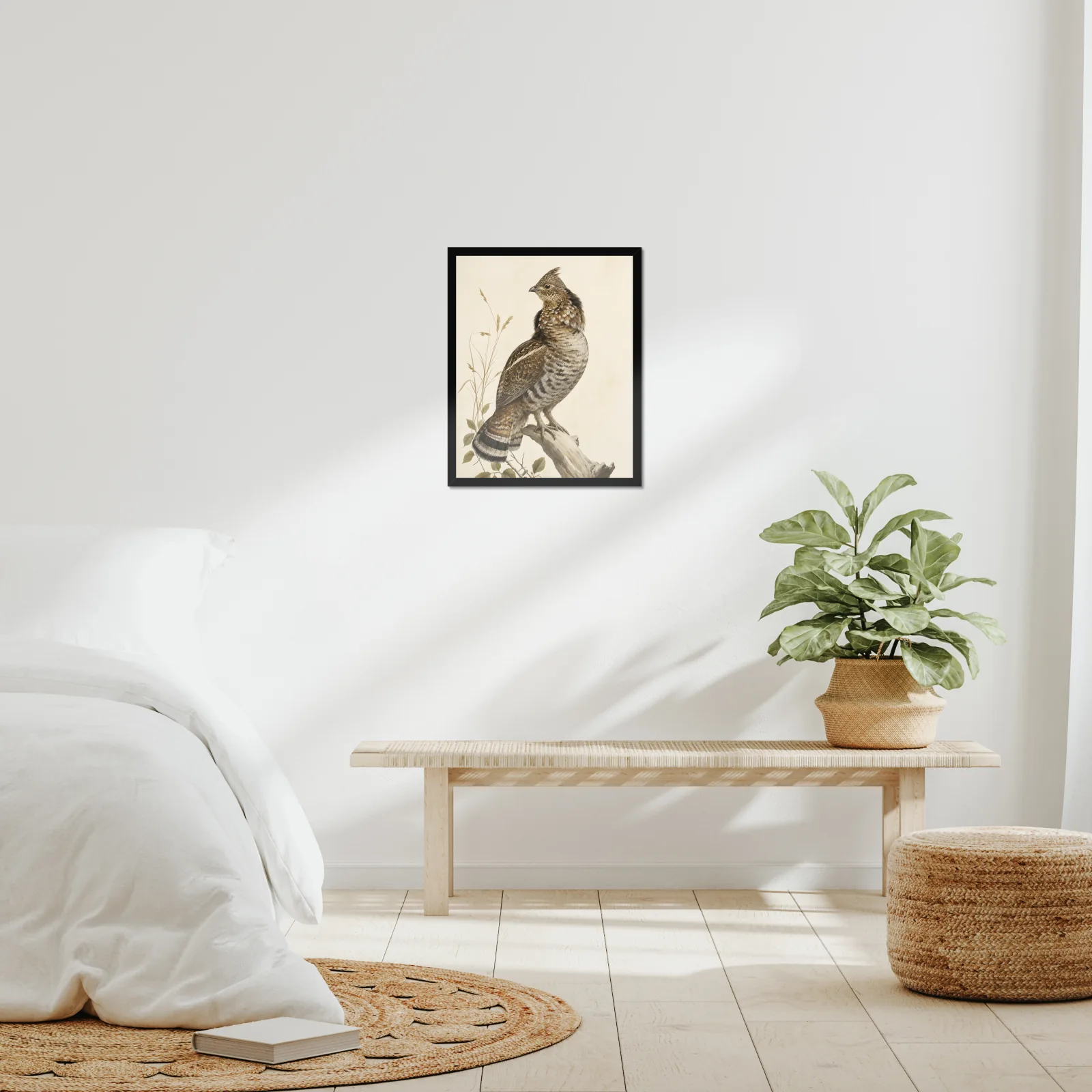 Ruffed Grouse Print framed at 16x20 inches, shown on a wall to scale