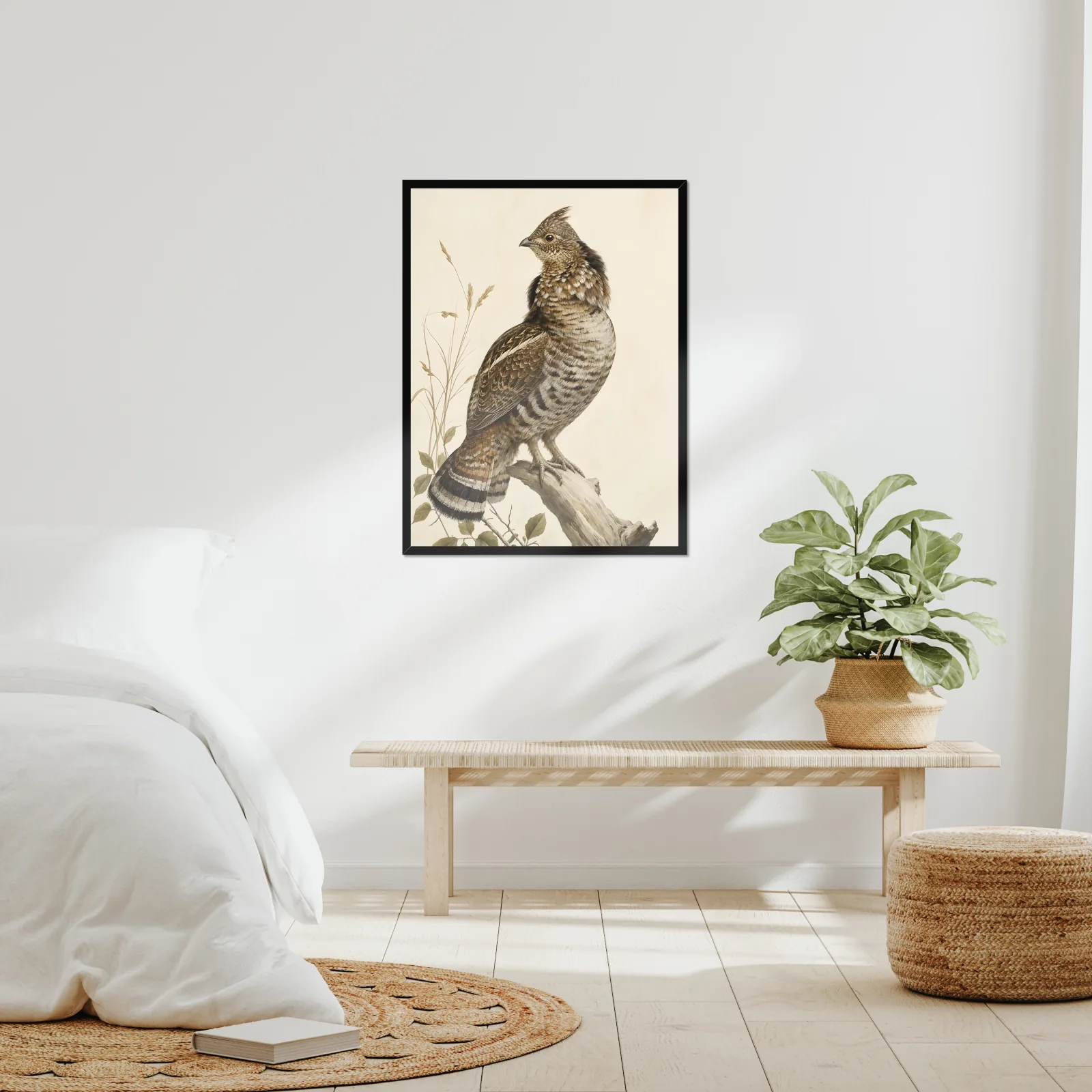 Ruffed Grouse Print framed at 24x30 inches, shown on a wall to scale