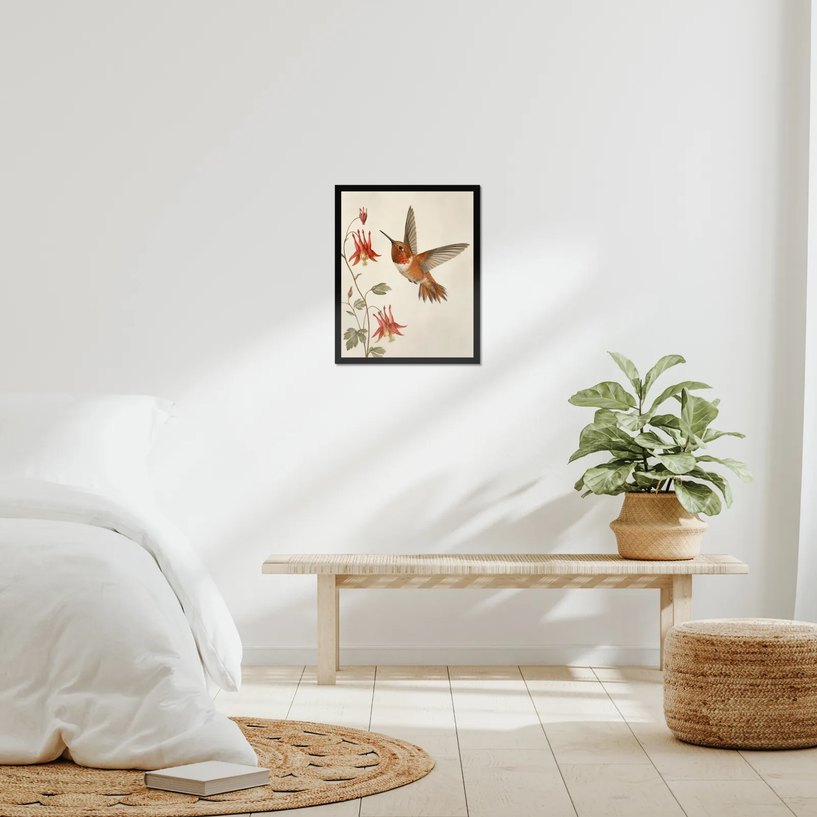 Rufous Hummingbird Print framed at 16x20 inches, shown on a wall to scale