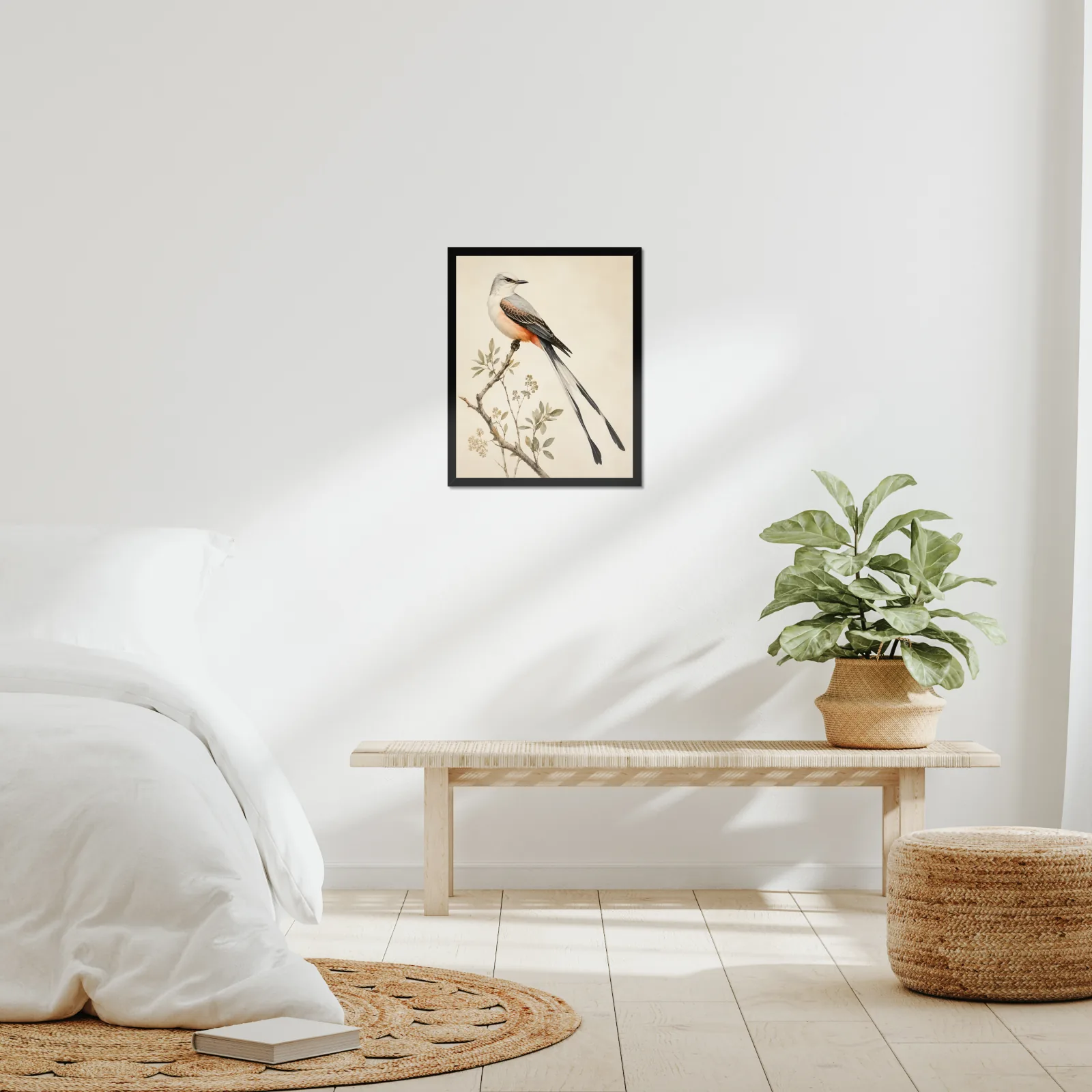Scissor Tailed Flycatcher Print framed at 16x20 inches, shown on a wall to scale