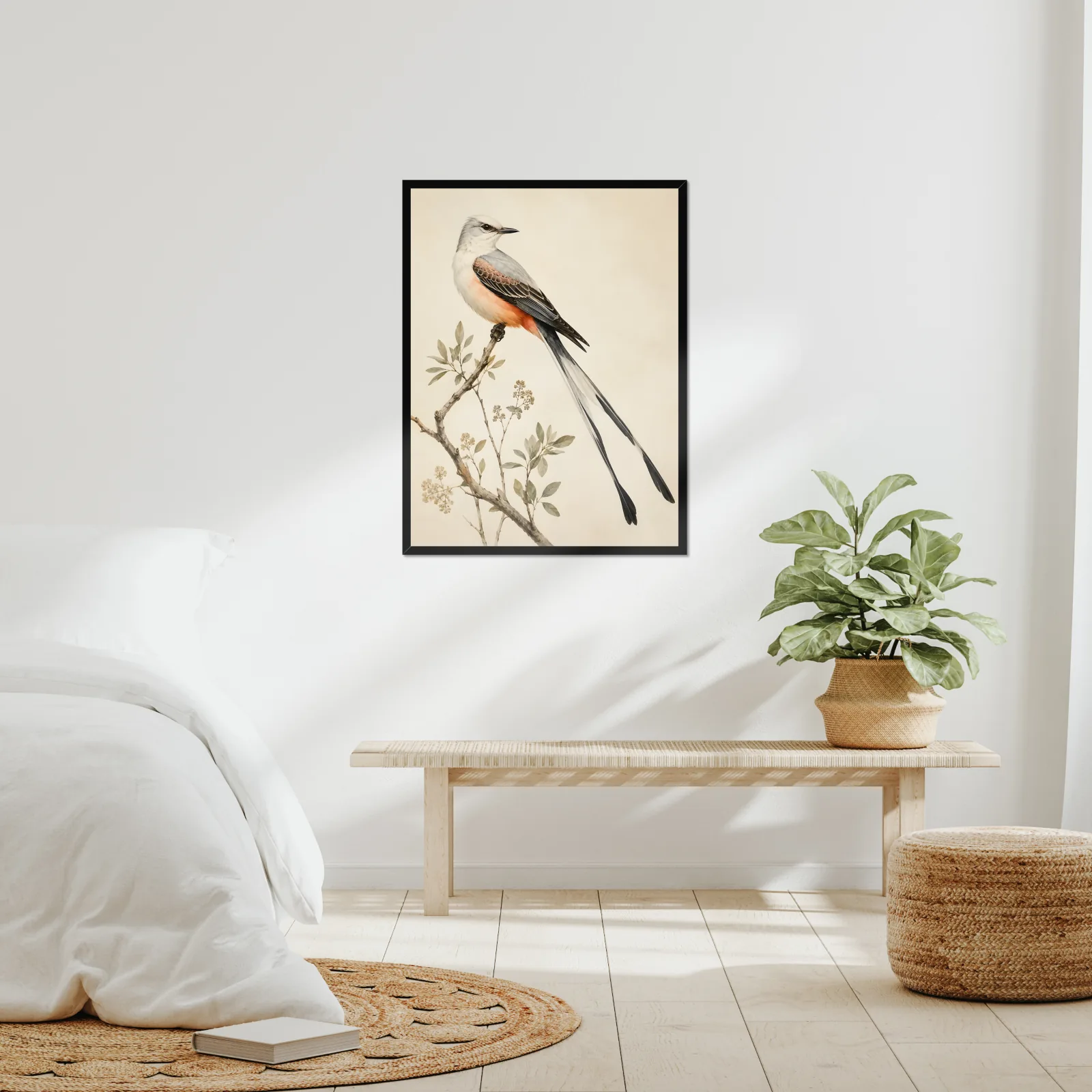 Scissor Tailed Flycatcher Print framed at 24x30 inches, shown on a wall to scale