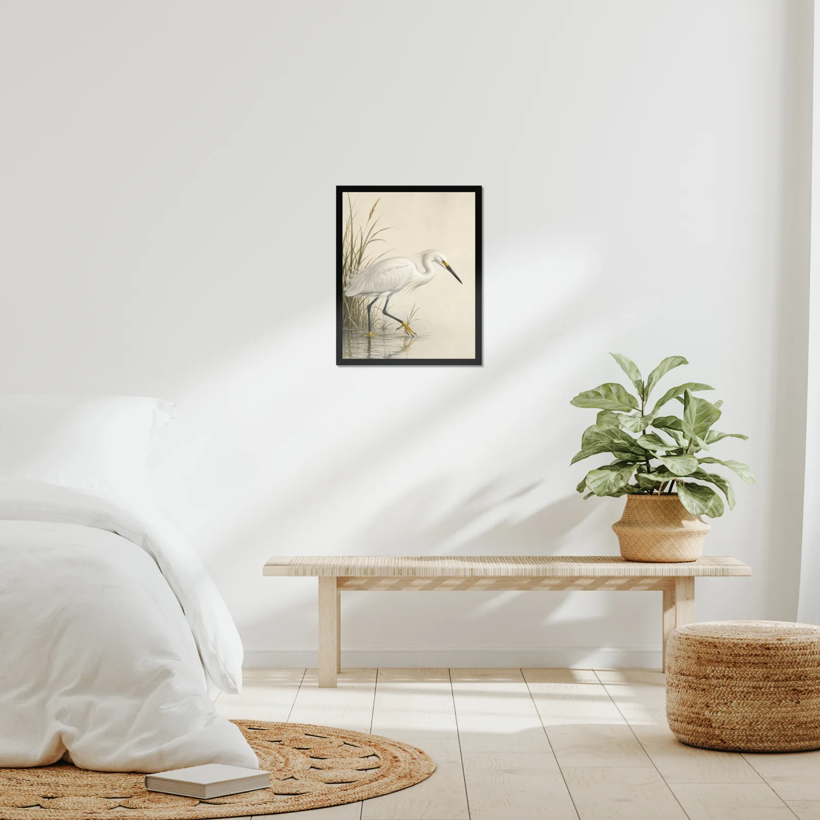 Snowy Egret print framed at 16x20 inches, shown on a wall to scale