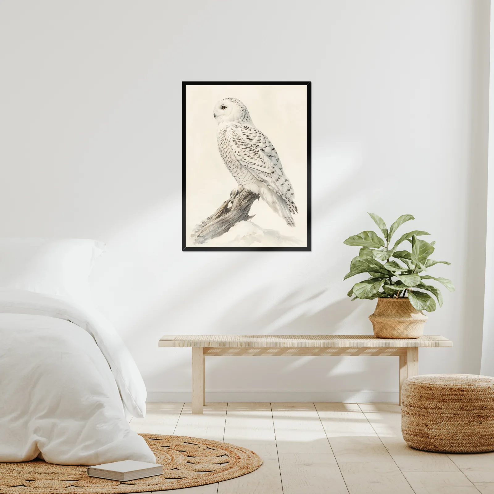 Snowy Owl Print framed at 24x30 inches, shown on a wall to scale