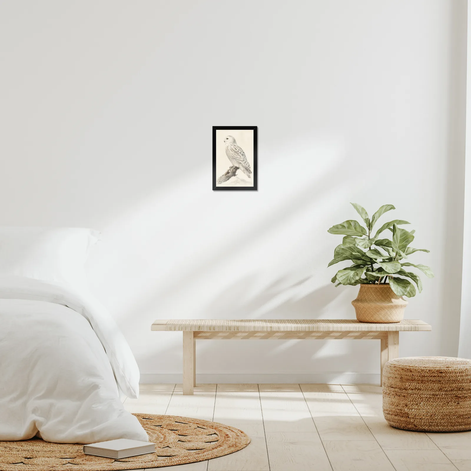 Snowy Owl Print framed at 8x10 inches, shown on a wall to scale