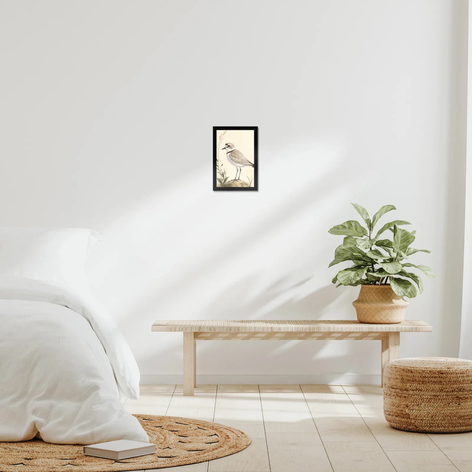 Snowy Plover Print framed at 8x10 inches, shown on a wall to scale