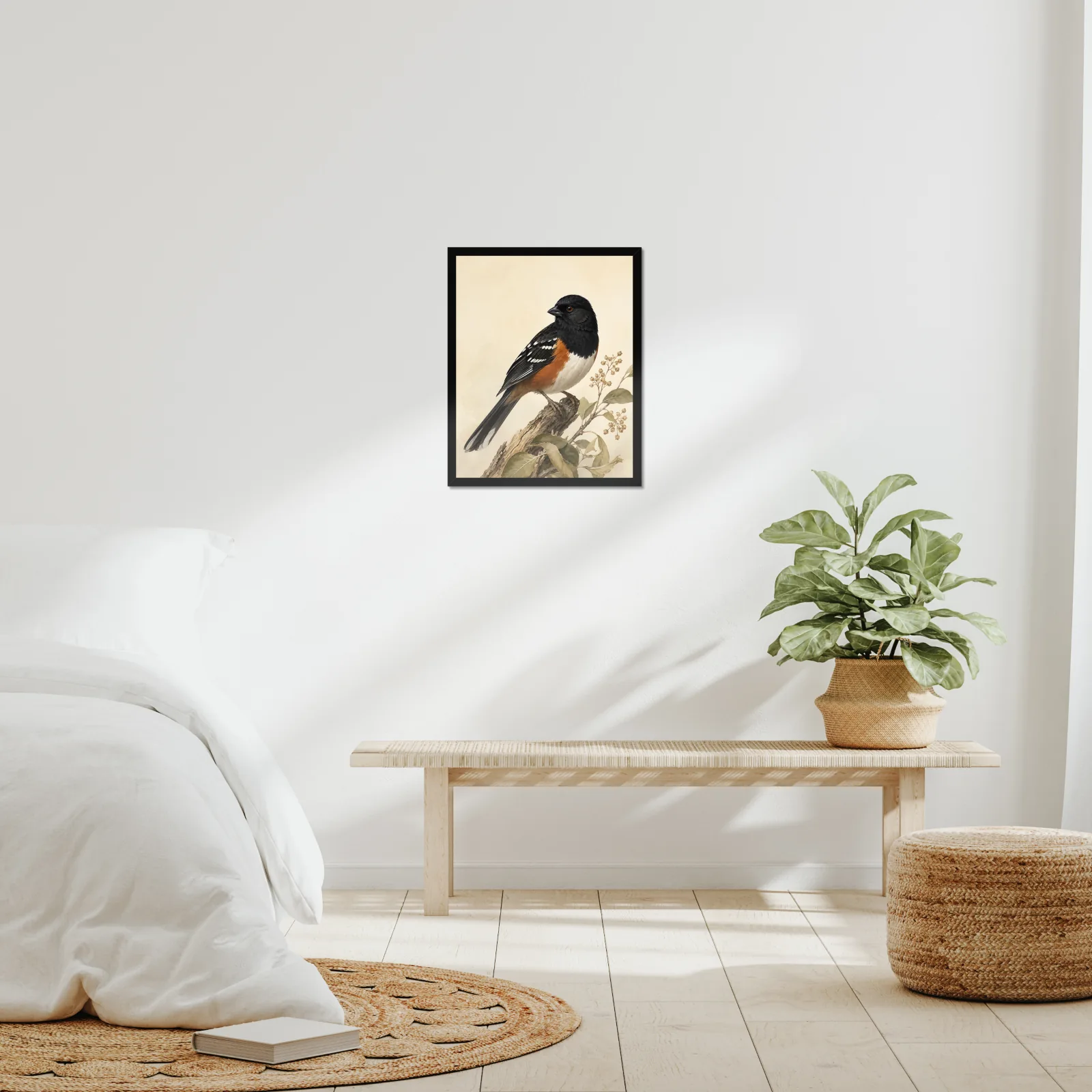 Spotted Towhee Print framed at 16x20 inches, shown on a wall to scale