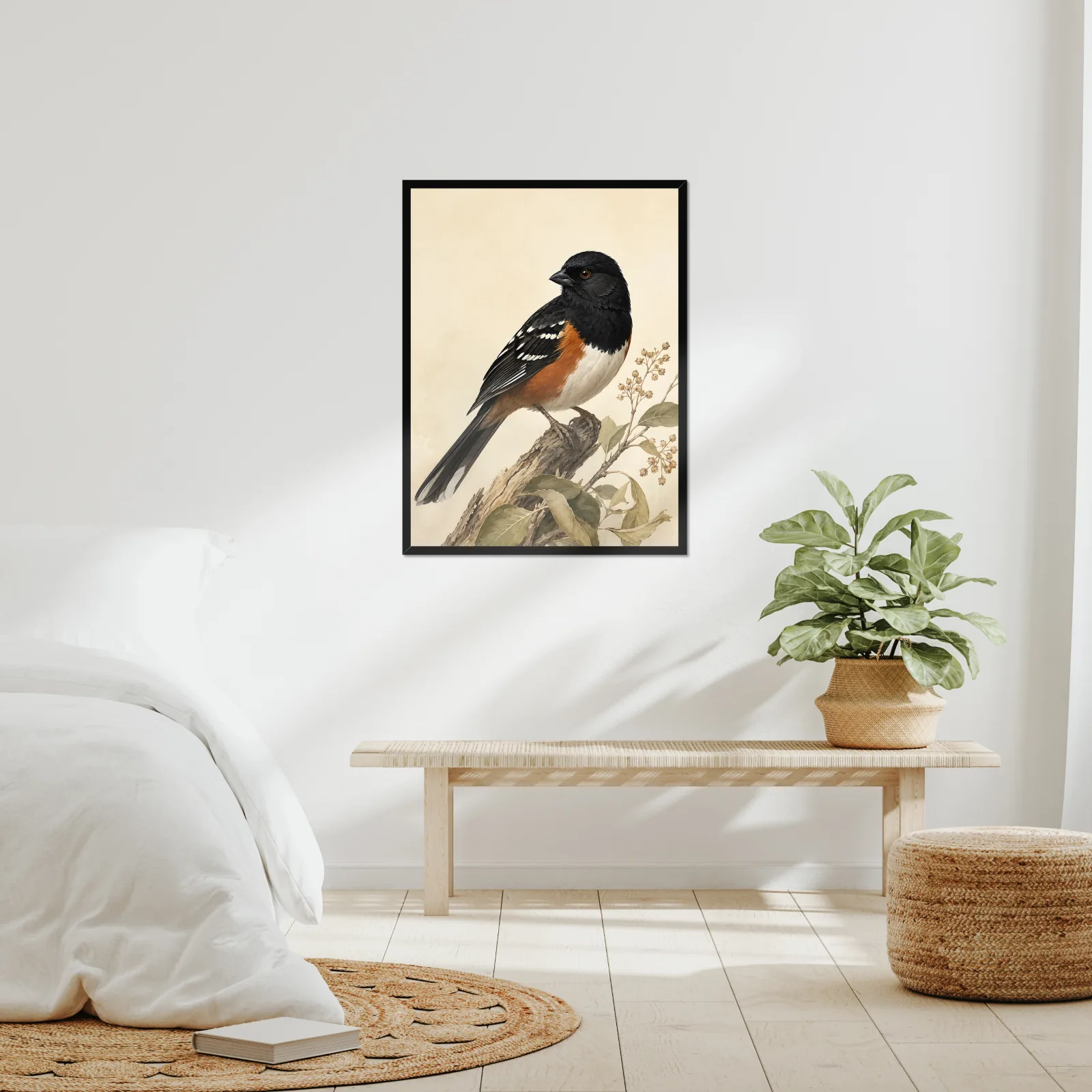 Spotted Towhee Print framed at 24x30 inches, shown on a wall to scale