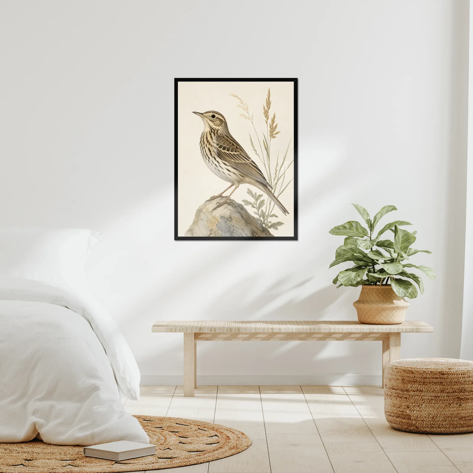 Sprague's Pipit Print framed at 24x30 inches, shown on a wall to scale