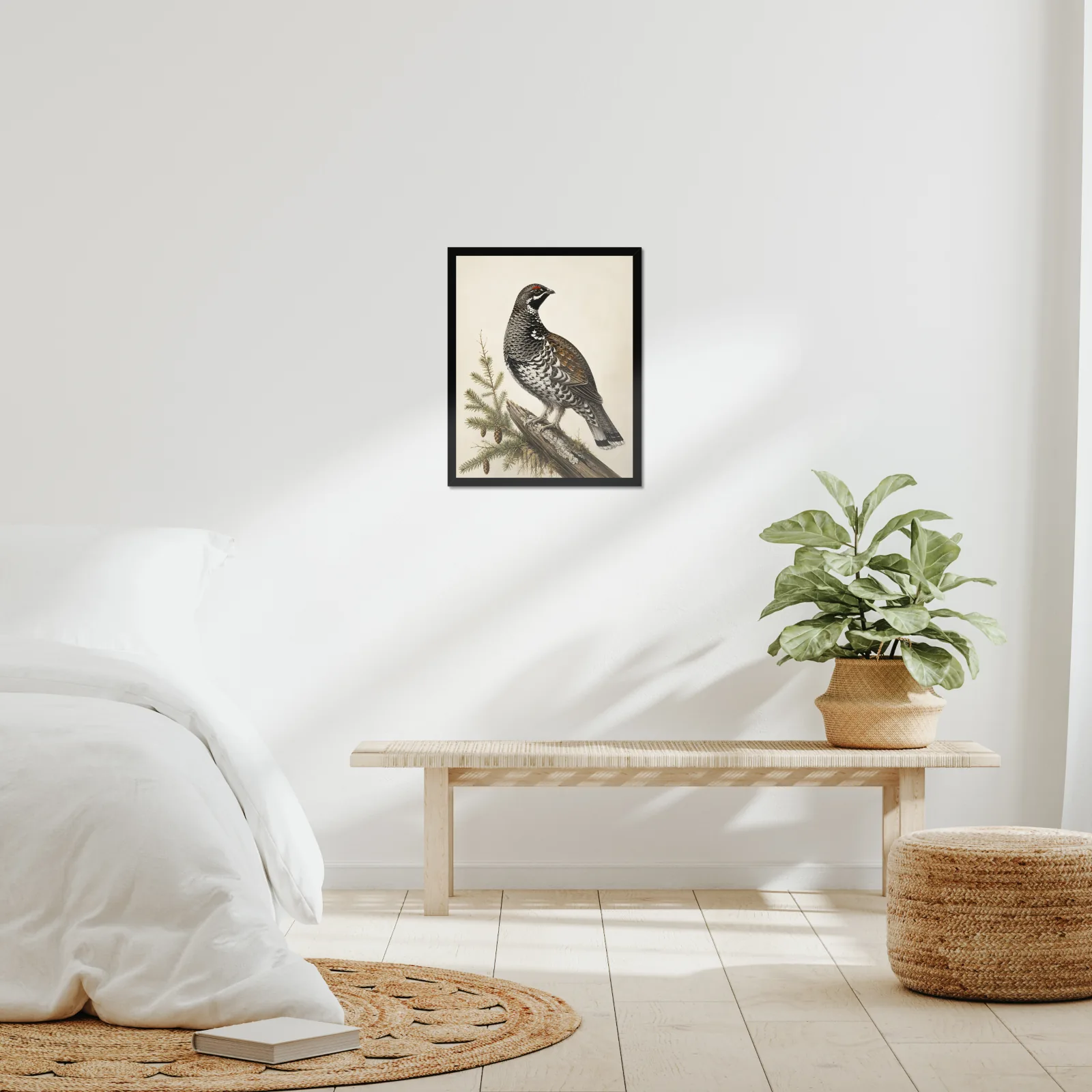 Spruce Grouse Print framed at 16x20 inches, shown on a wall to scale