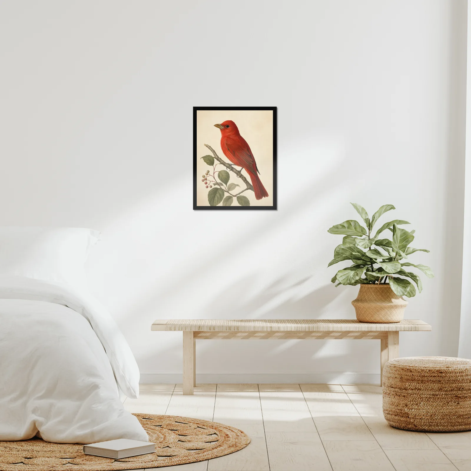 Summer Tanager Print framed at 16x20 inches, shown on a wall to scale
