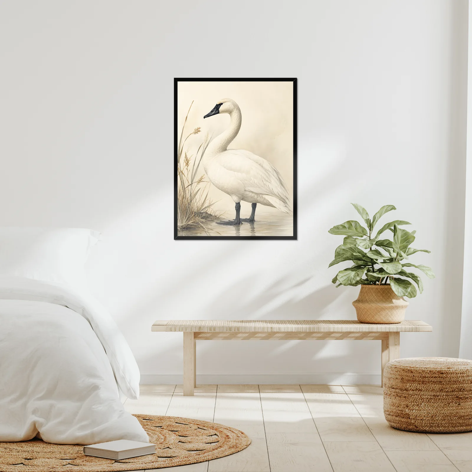 Trumpeter Swan Print framed at 24x30 inches, shown on a wall to scale
