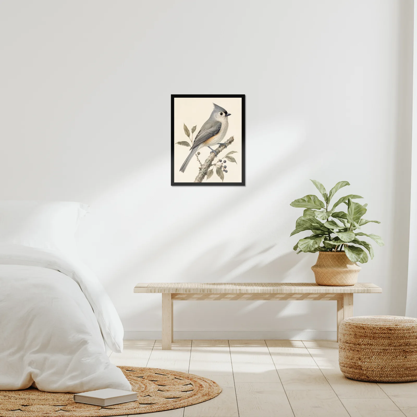 Tufted Titmouse Print framed at 16x20 inches, shown on a wall to scale