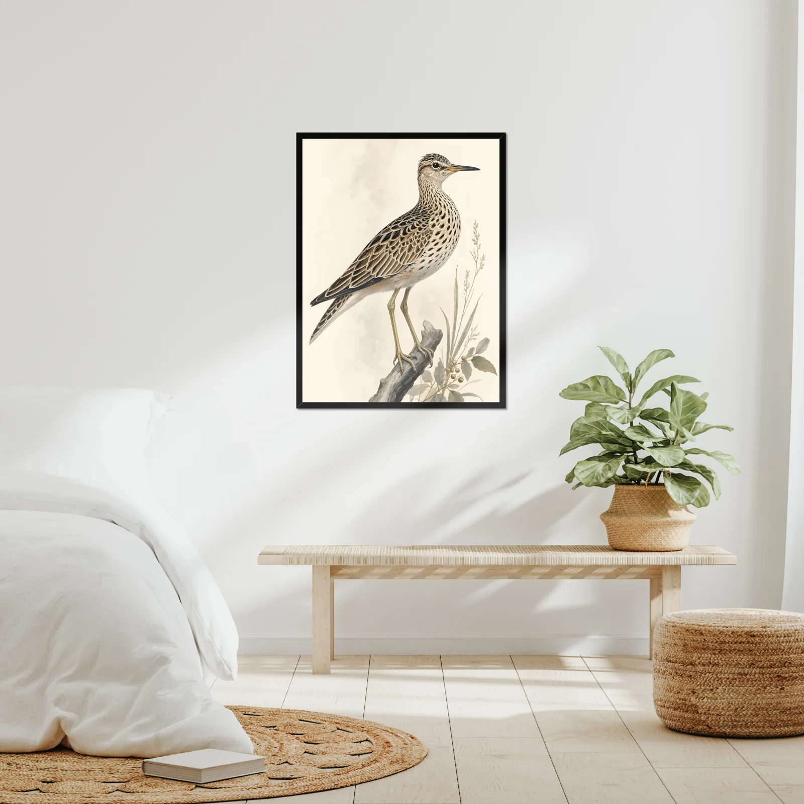 Upland Sandpiper Print framed at 24x30 inches, shown on a wall to scale