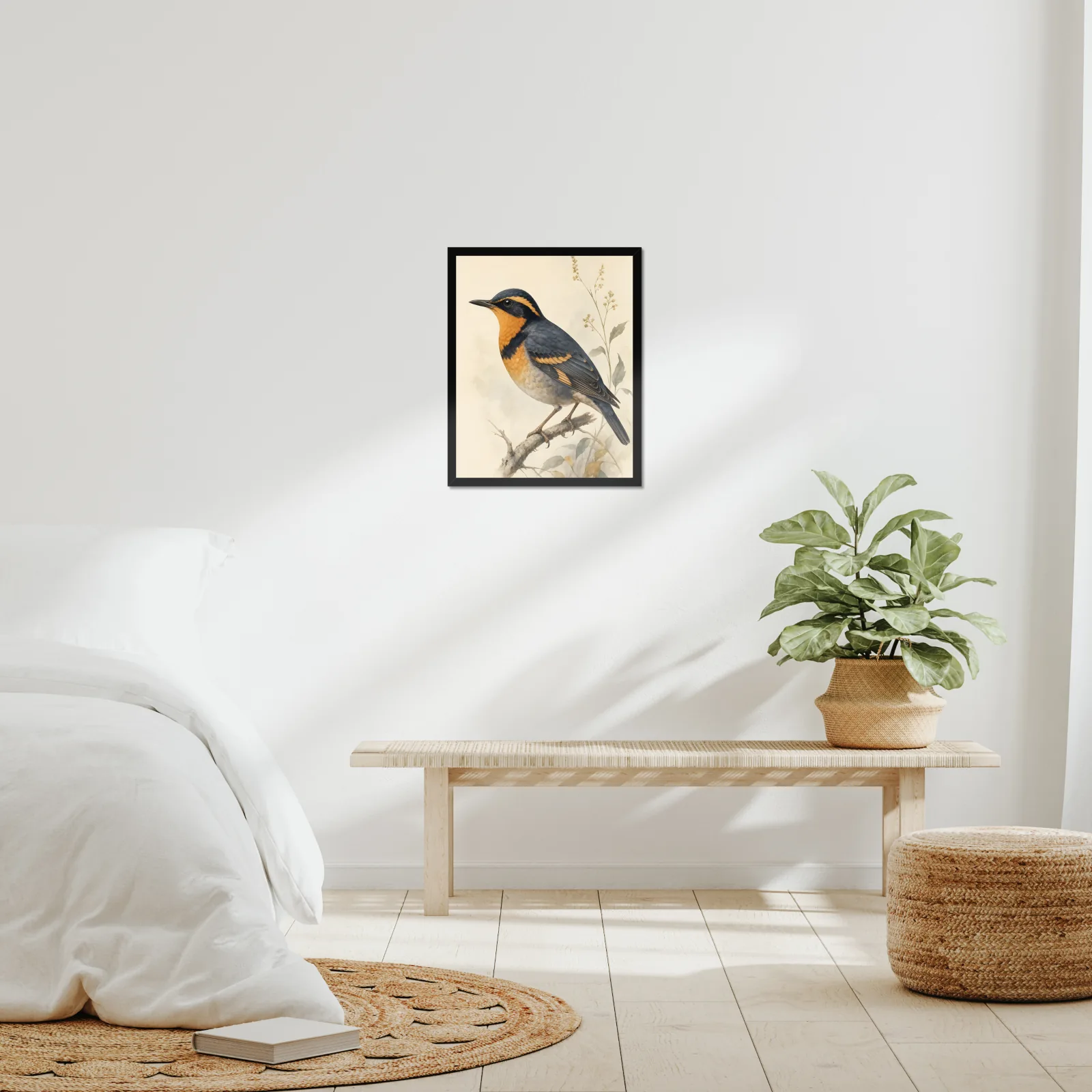 Varied Thrush Print framed at 16x20 inches, shown on a wall to scale