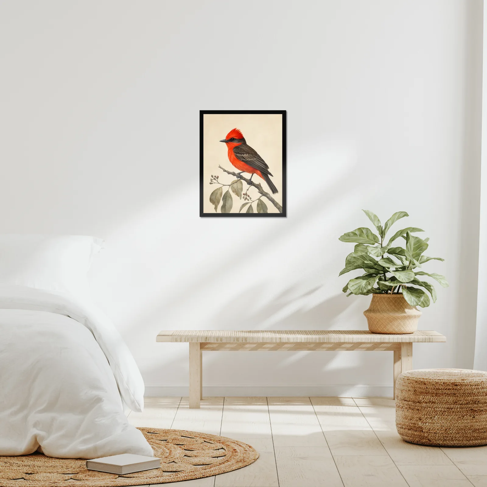Vermilion Flycatcher Print framed at 16x20 inches, shown on a wall to scale