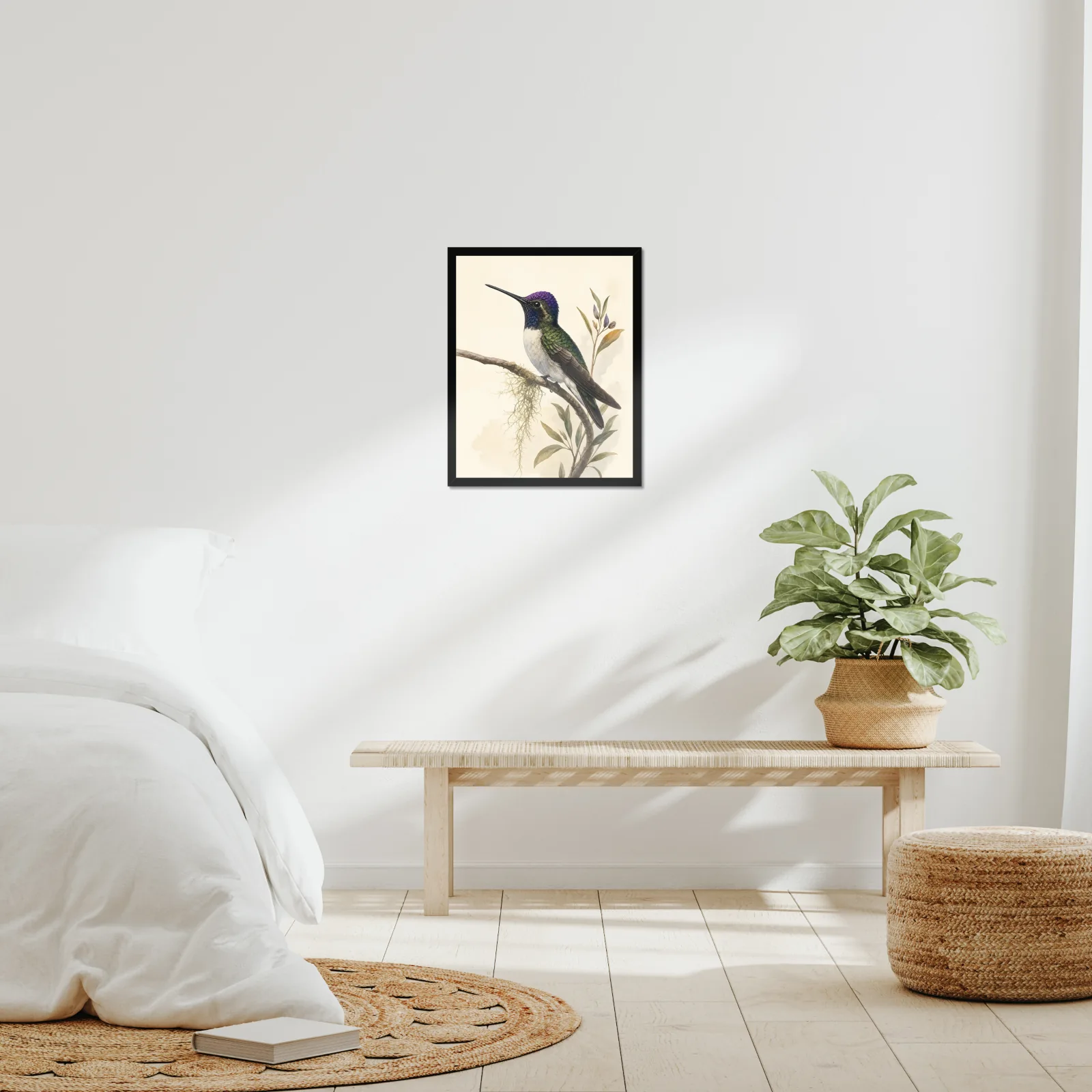 Violet-crowned Hummingbird Print framed at 16x20 inches, shown on a wall to scale