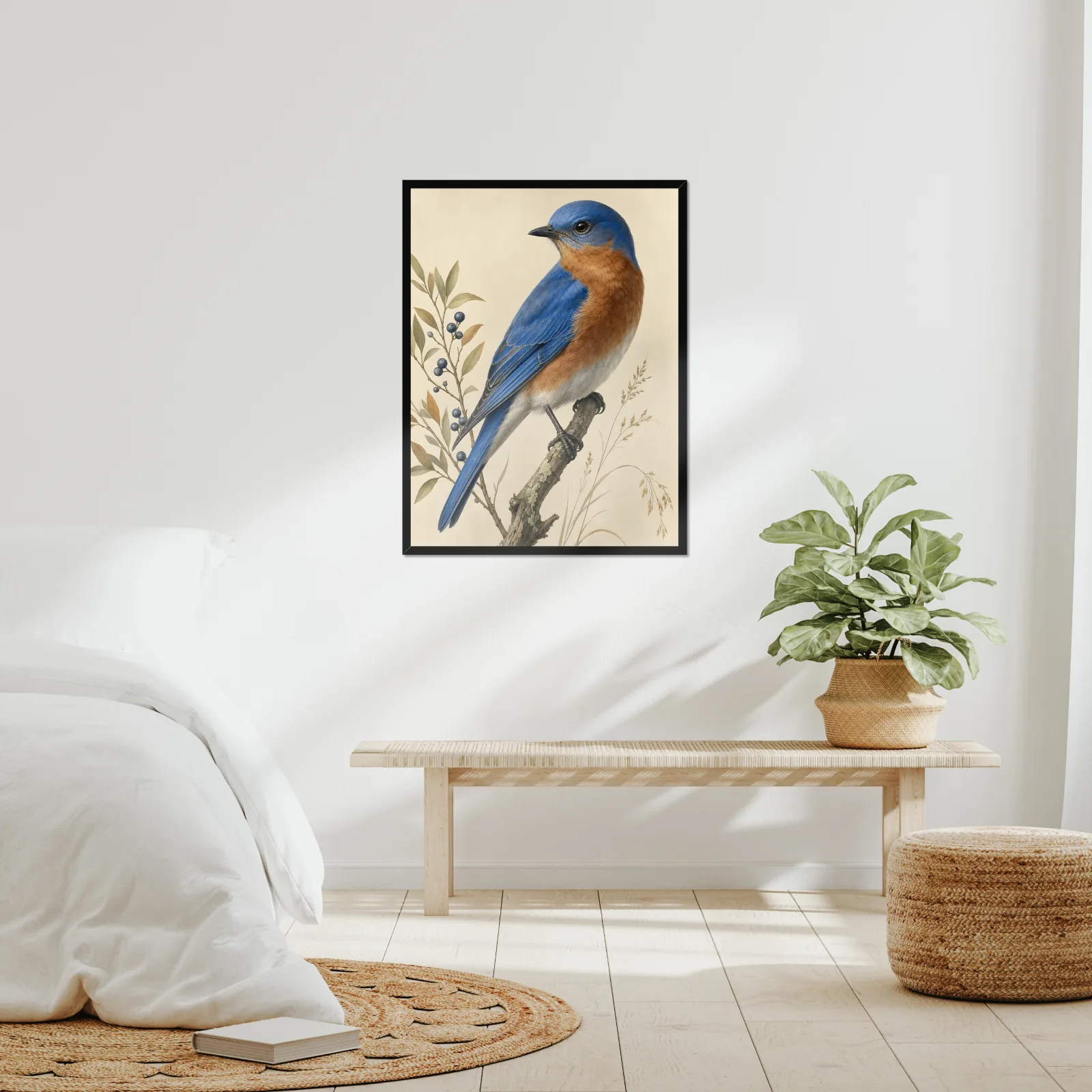 Western Bluebird Print framed at 24x30 inches, shown on a wall to scale