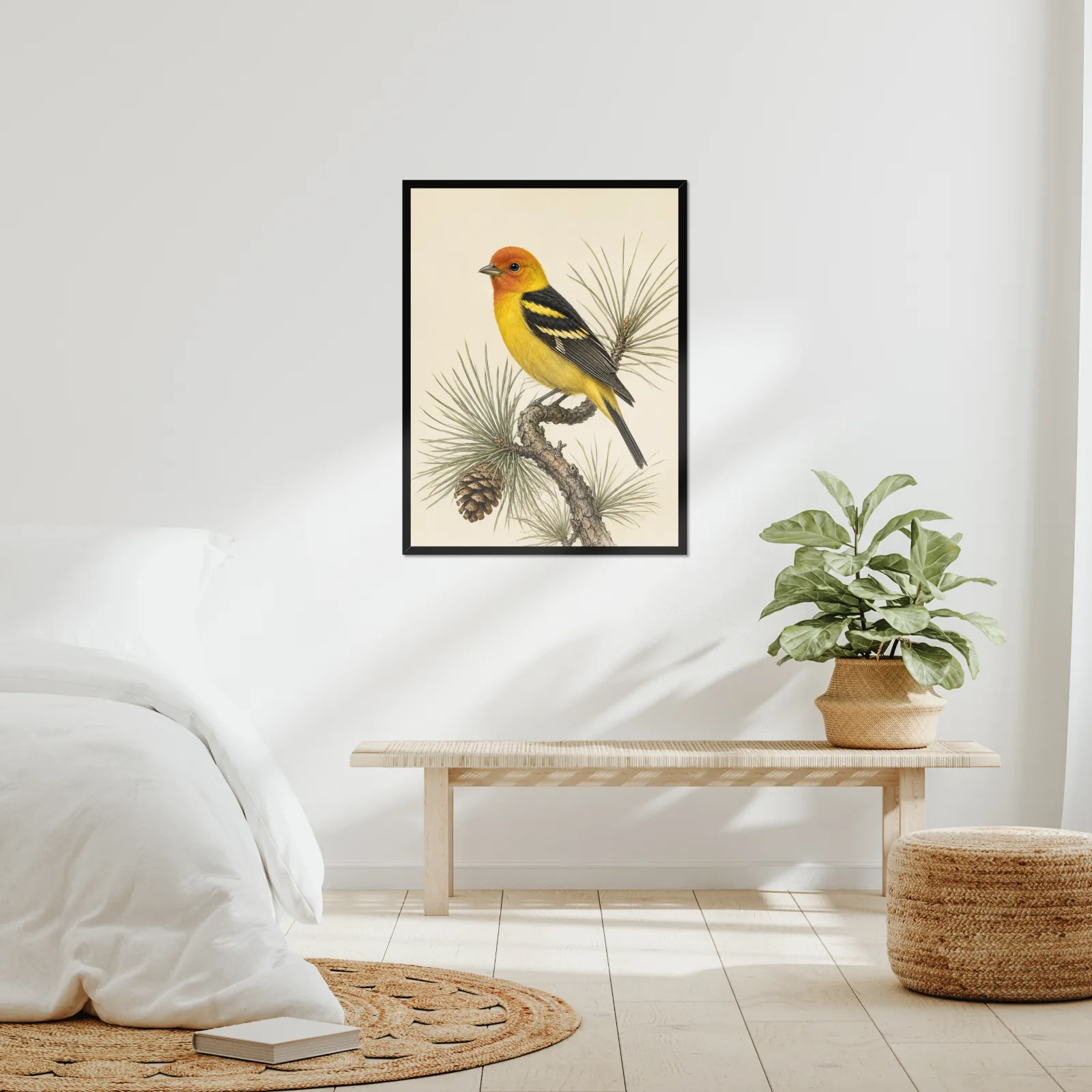 Western Tanager Print framed at 24x30 inches, shown on a wall to scale