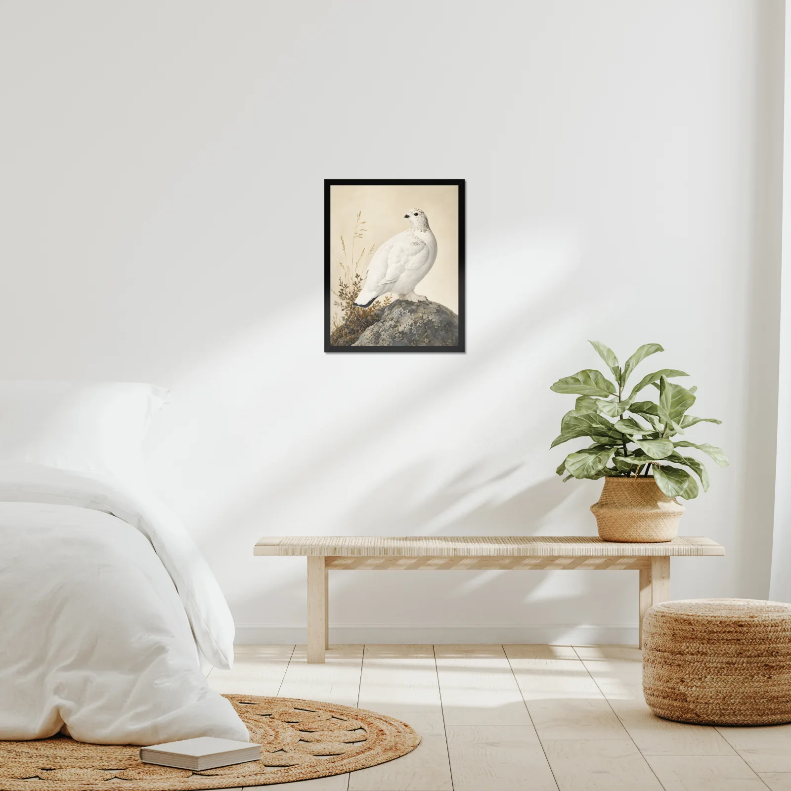 White Tailed Ptarmigan Print framed at 16x20 inches, shown on a wall to scale