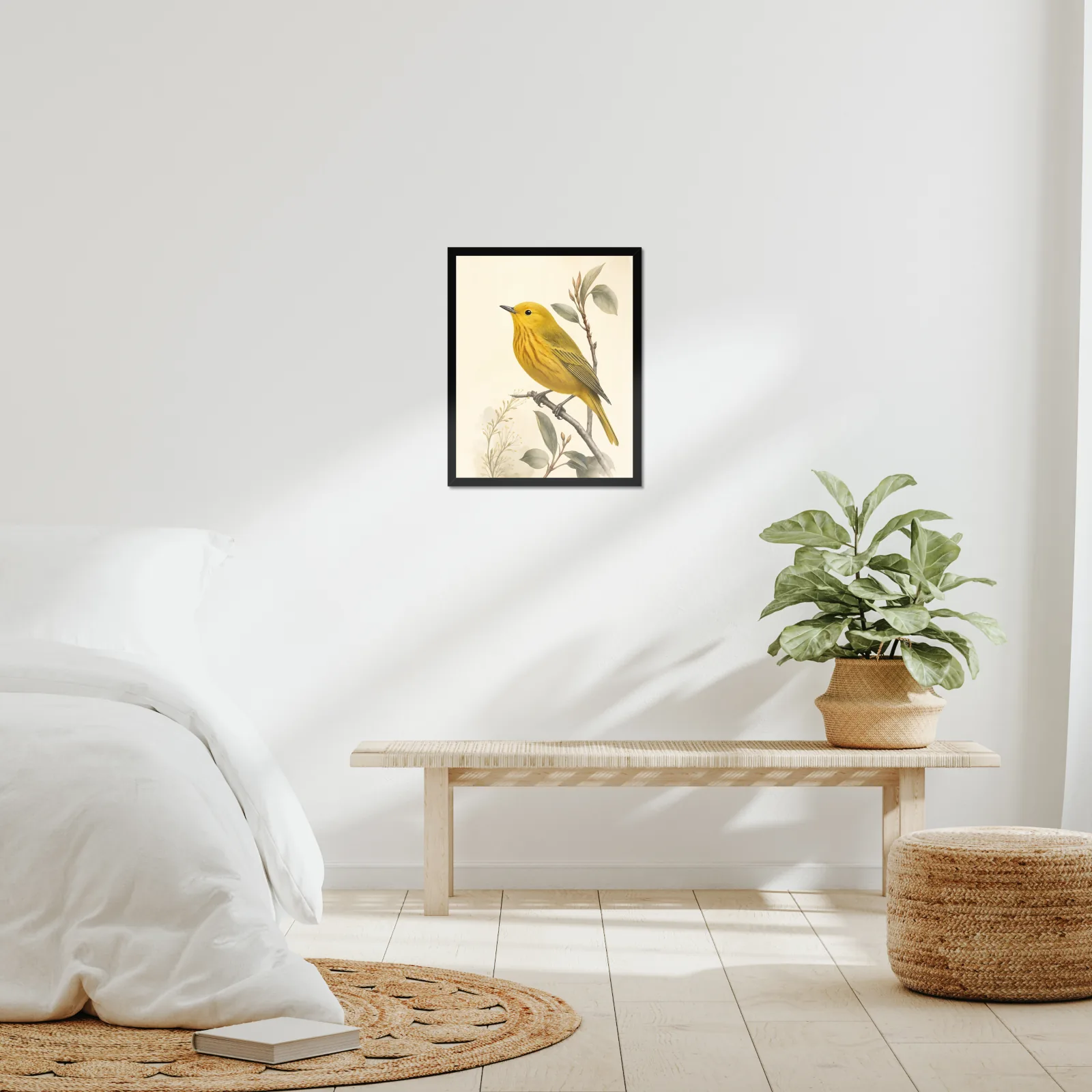 Yellow Warbler Print framed at 16x20 inches, shown on a wall to scale