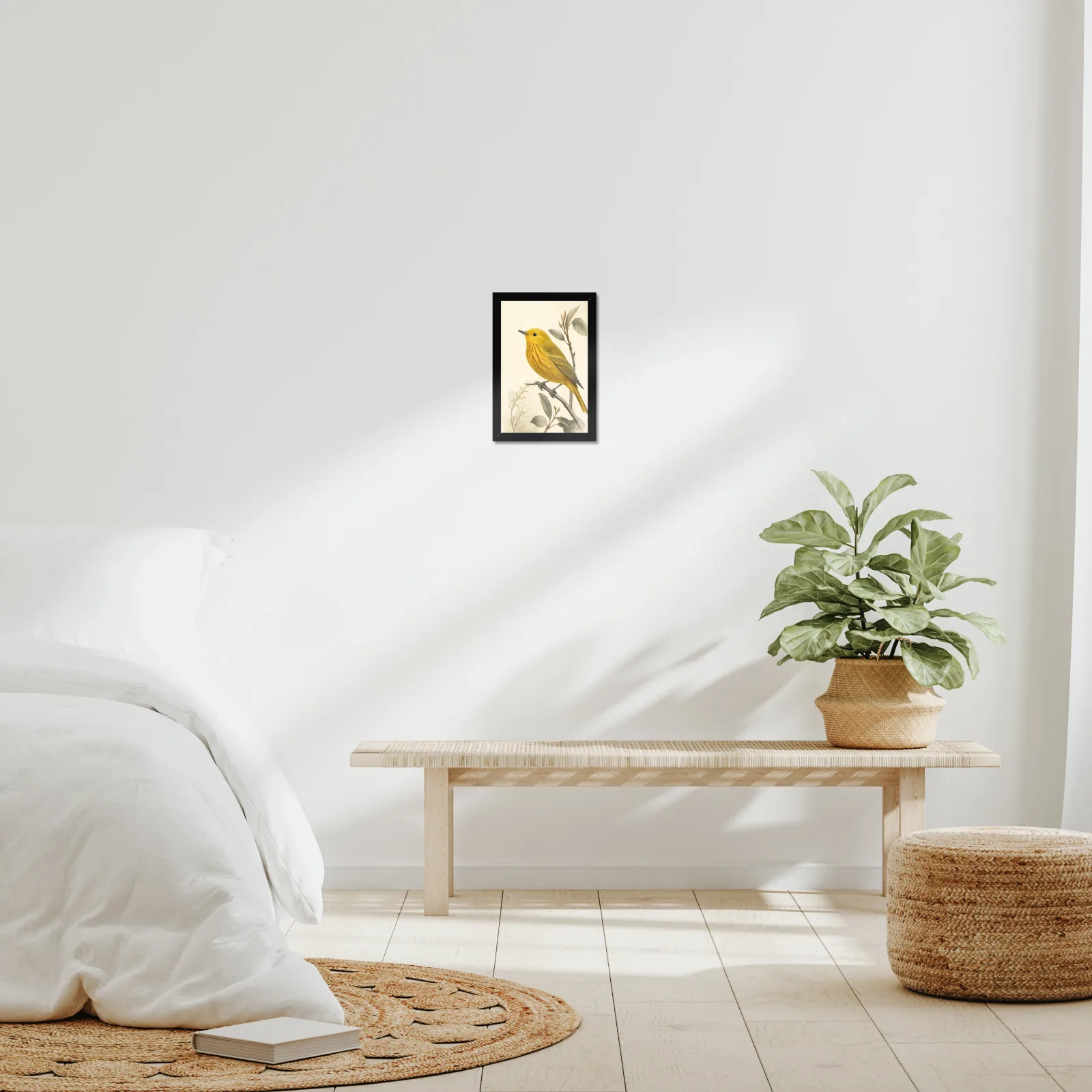 Yellow Warbler Print framed at 8x10 inches, shown on a wall to scale