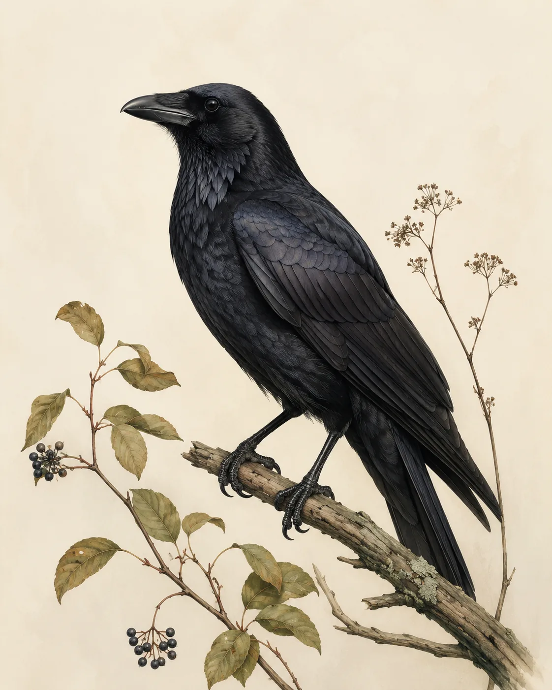 Fine-art plate of an American Crow, glossy black, in the Audubon style