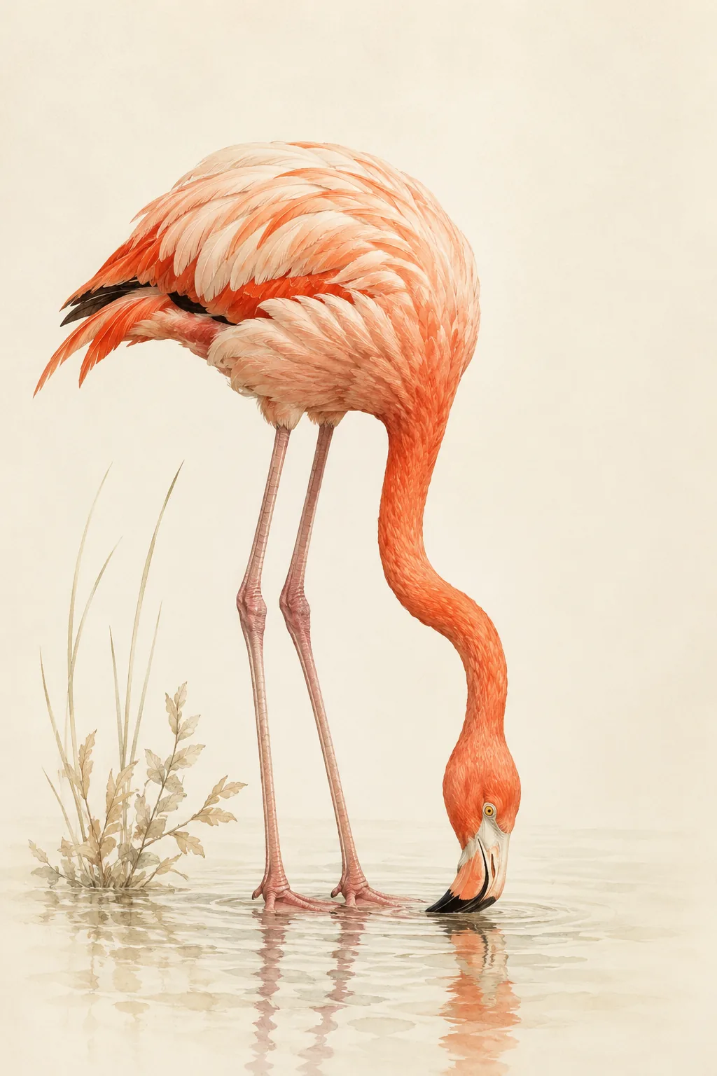Fine-art plate of an American Flamingo, deep pink, neck curved, in the Audubon style
