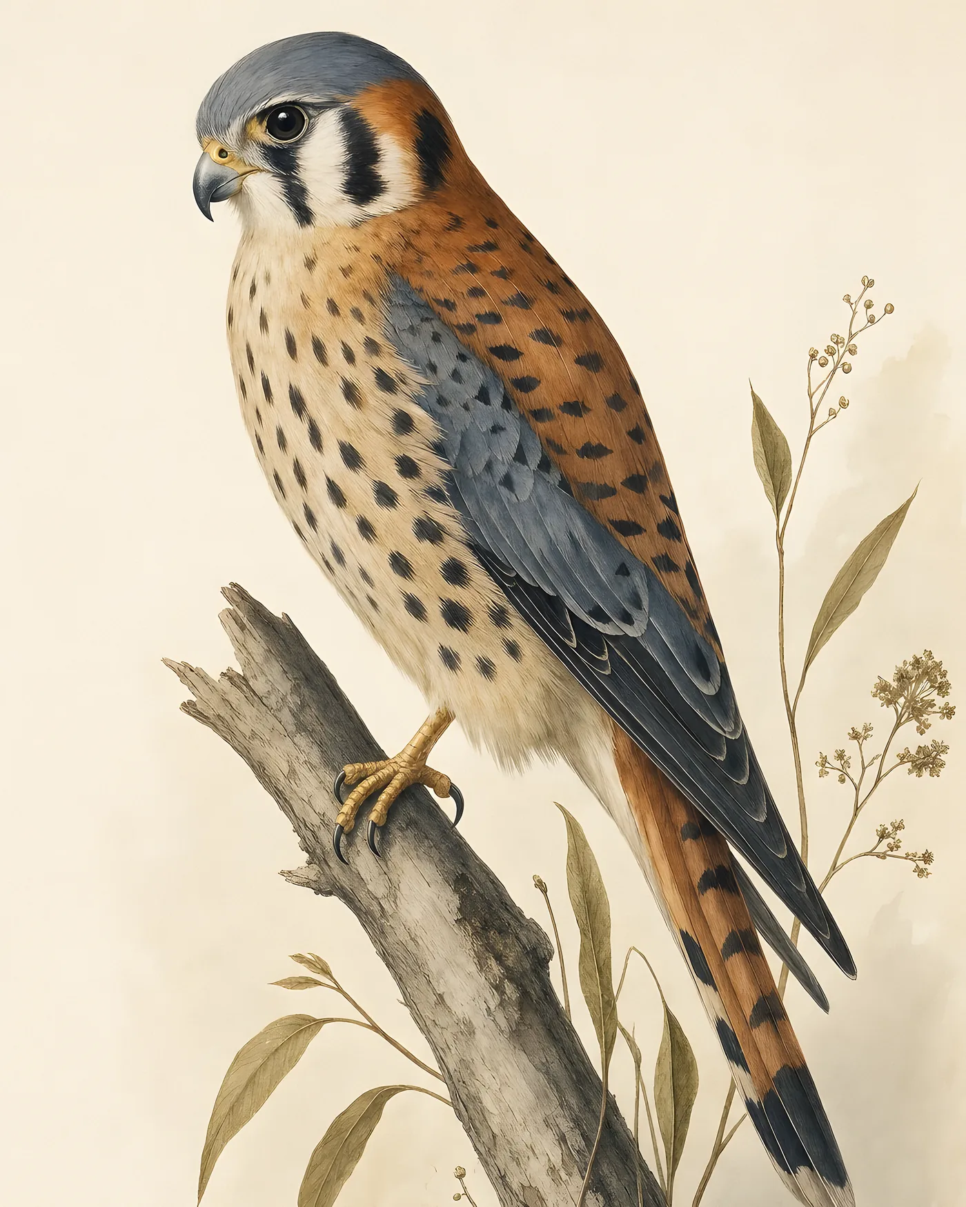Fine-art American Kestrel print in the Audubon style