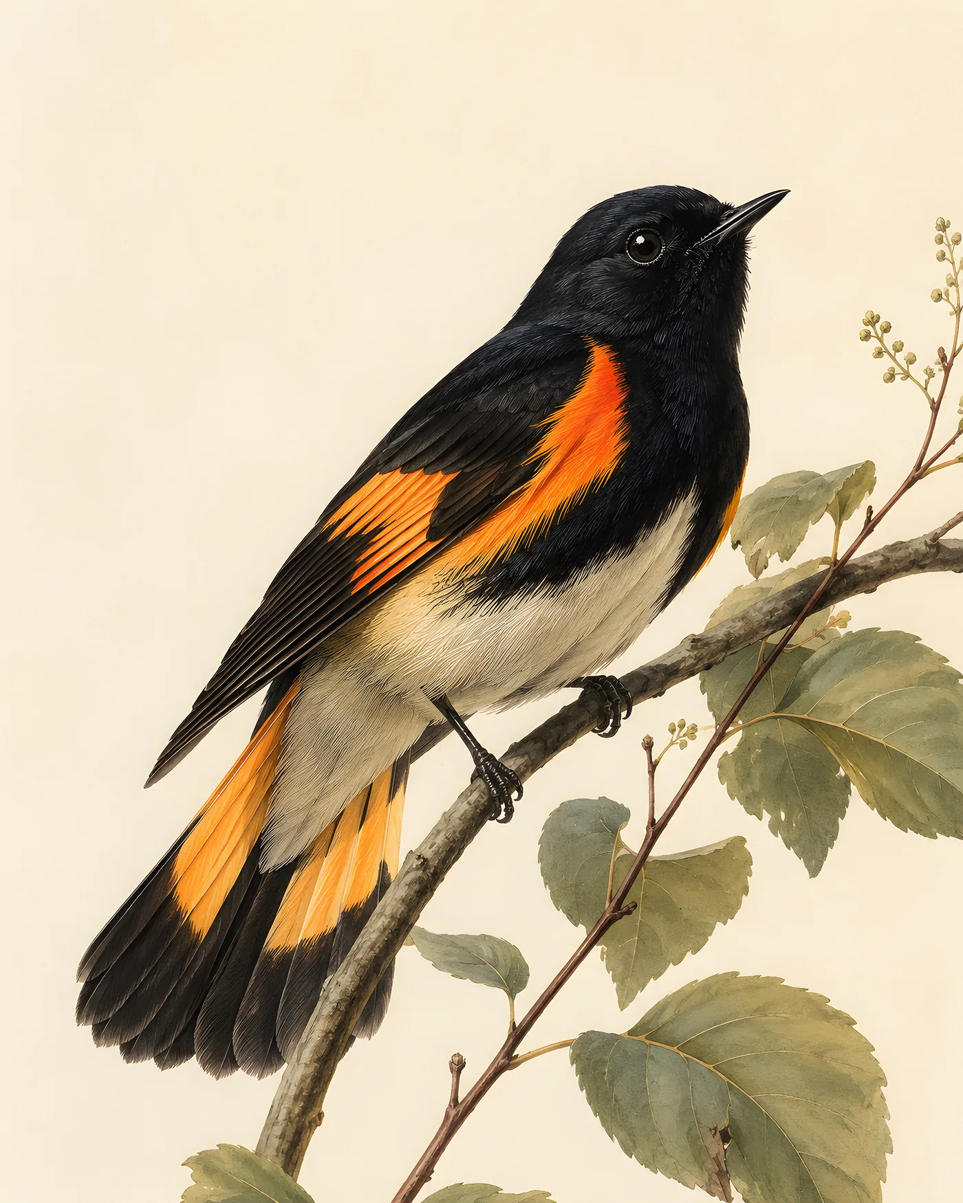 Fine-art American Redstart print in the Audubon style