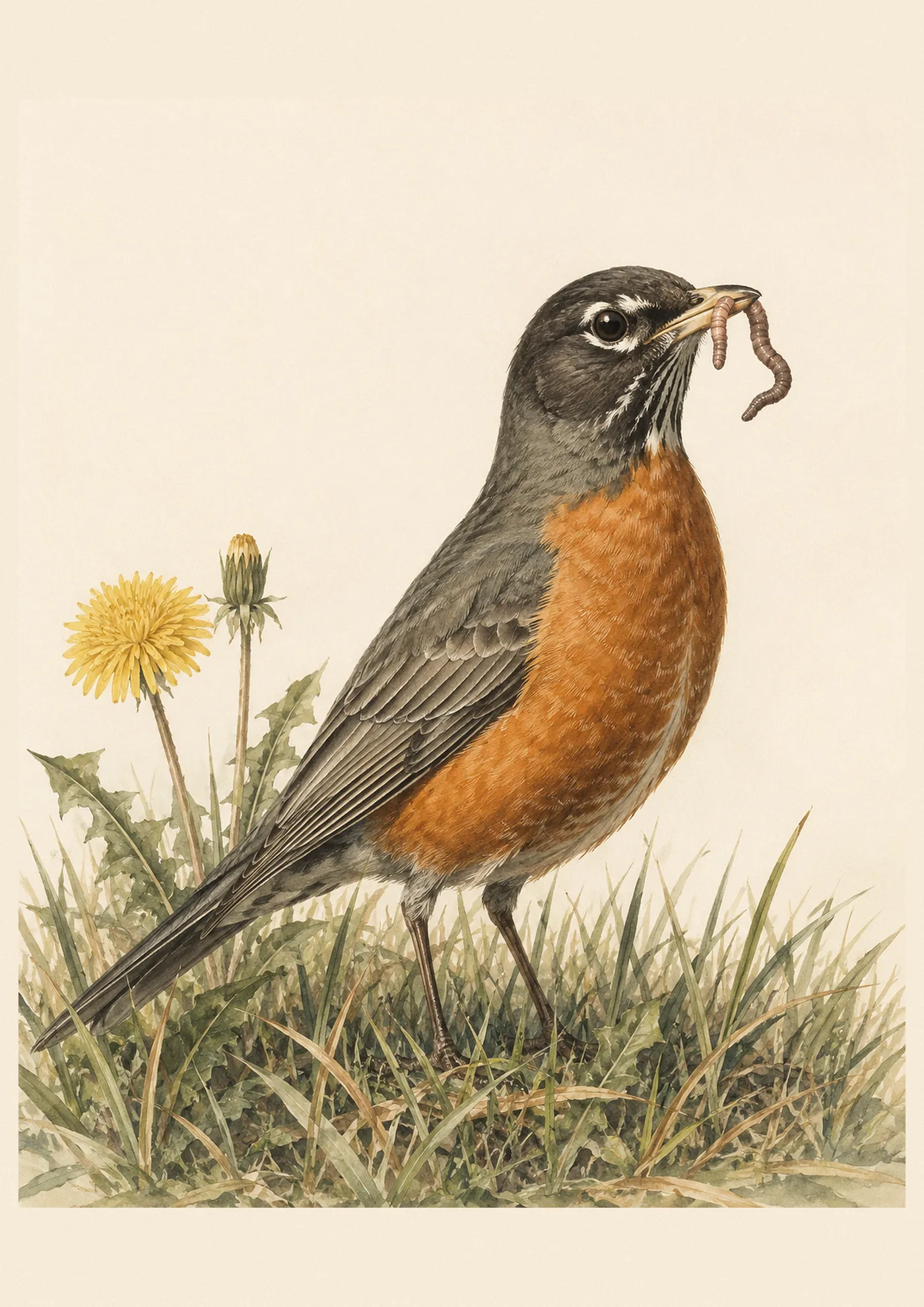 Audubon-style fine-art print of an American Robin on a lawn, tugging a worm from the grass