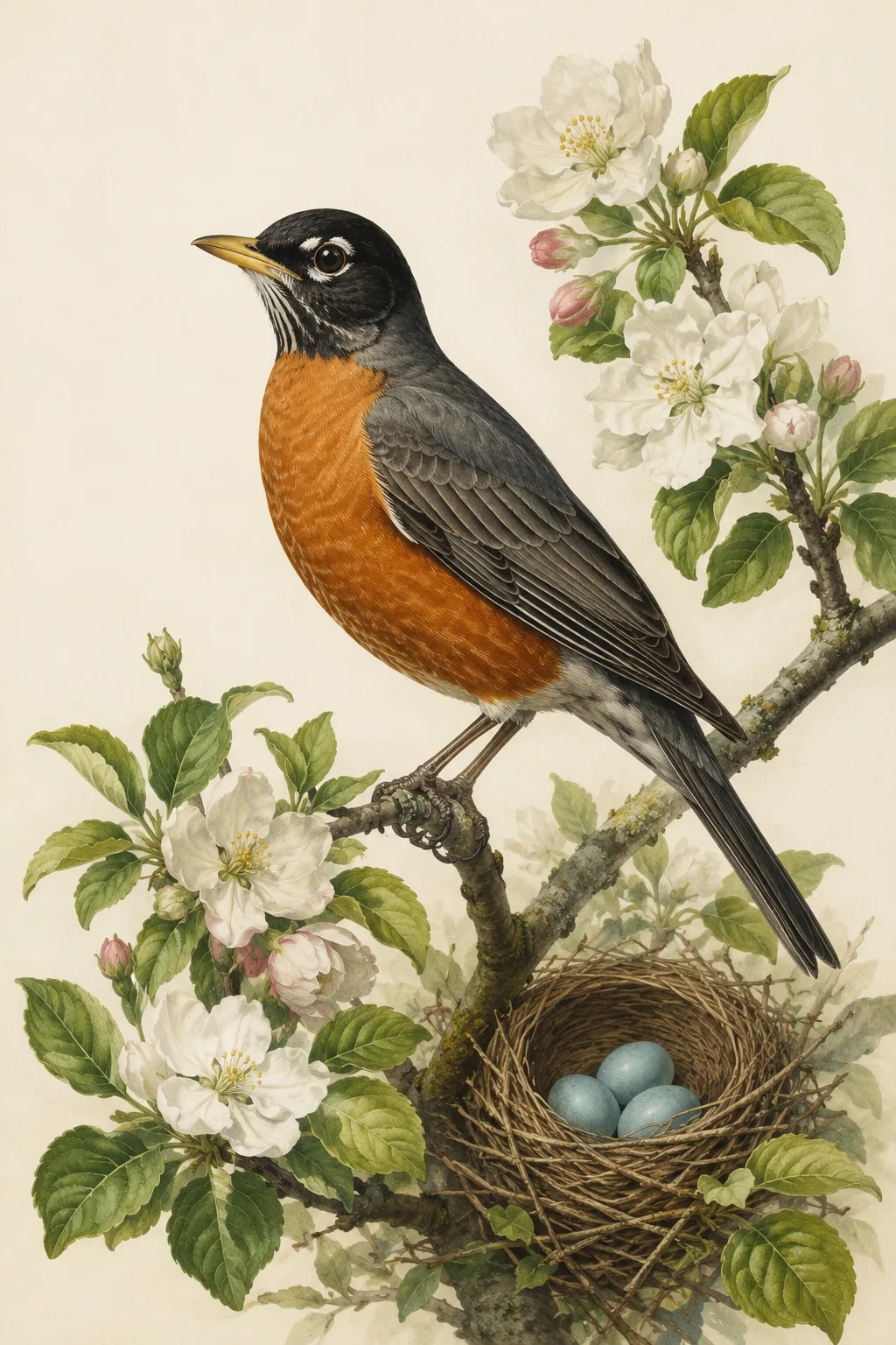 Fine-art plate of an American Robin, orange breast, in the Audubon style
