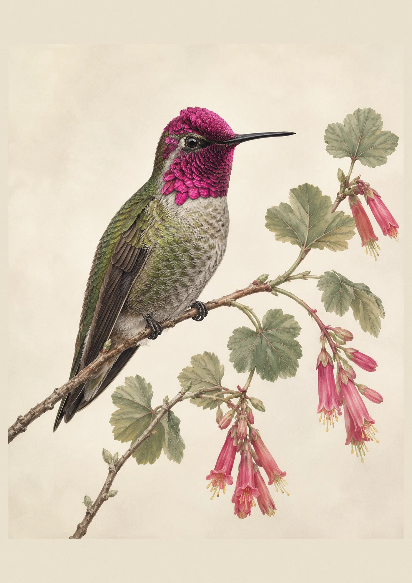 Fine-art print of a perched male Anna's Hummingbird in the Audubon style