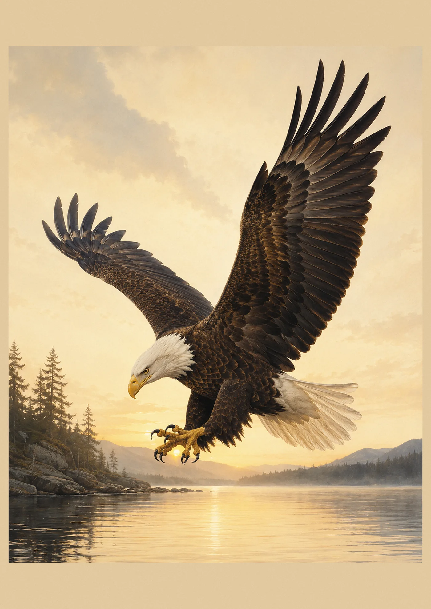 Audubon-style fine-art print of a Bald Eagle in flight, wings spread wide