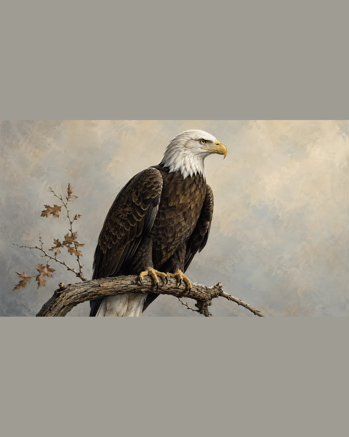 Fine-art plate of a Bald Eagle perched, white head and heavy yellow bill, in the Audubon style