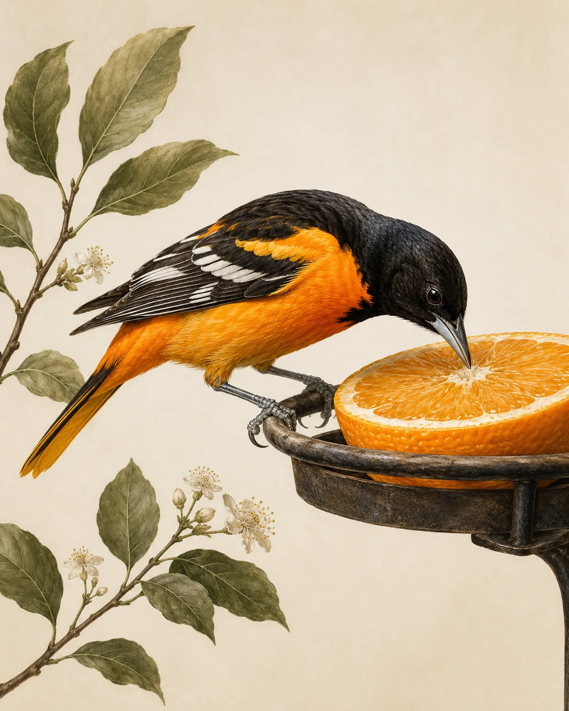 Audubon-style fine-art print of a Baltimore Oriole at a halved orange