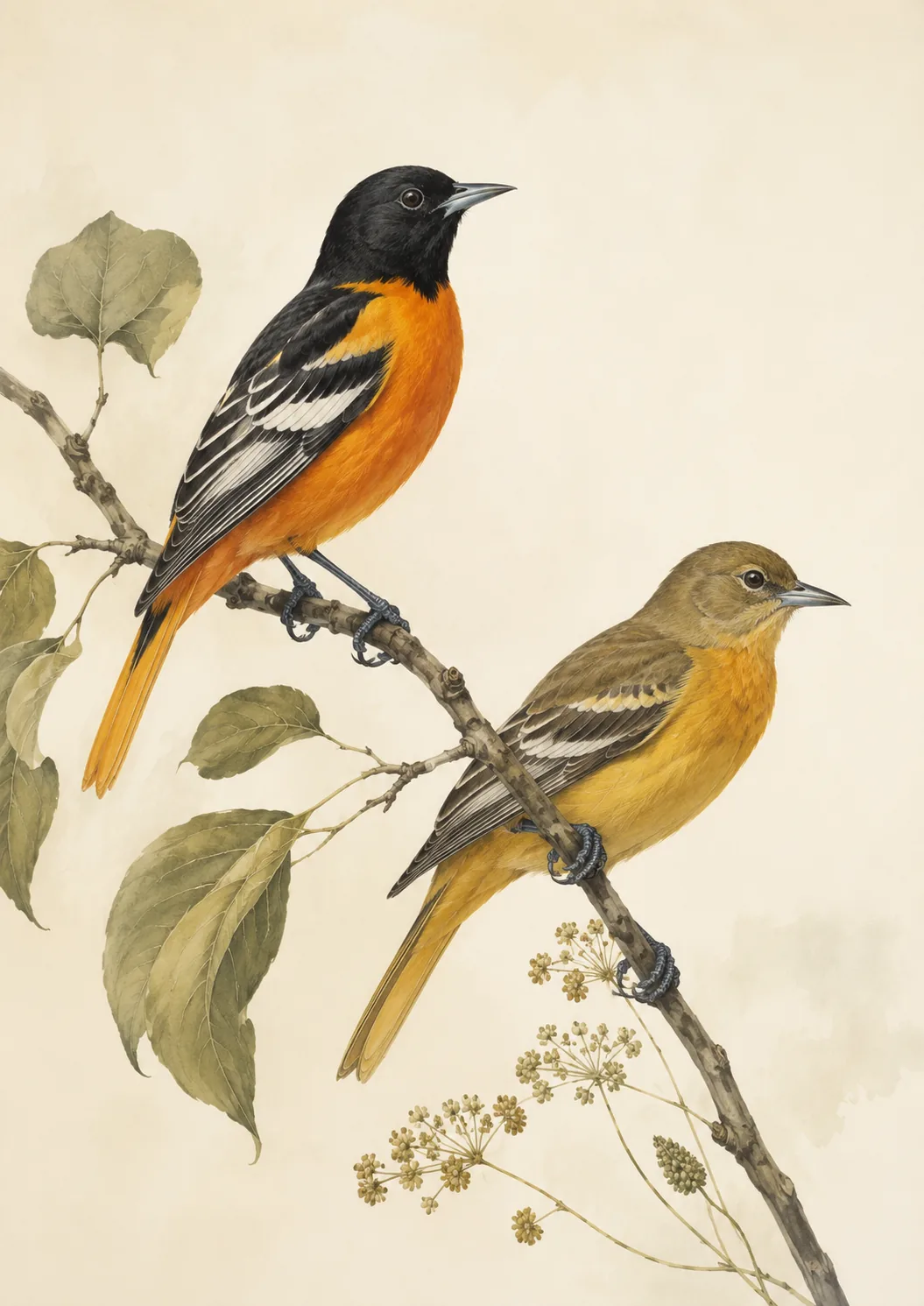 Fine-art plate of a male and female Baltimore Oriole on a branch, in the Audubon style