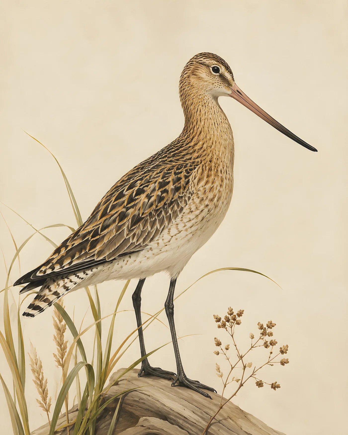 Fine-art Bar Tailed Godwit print in the Audubon style