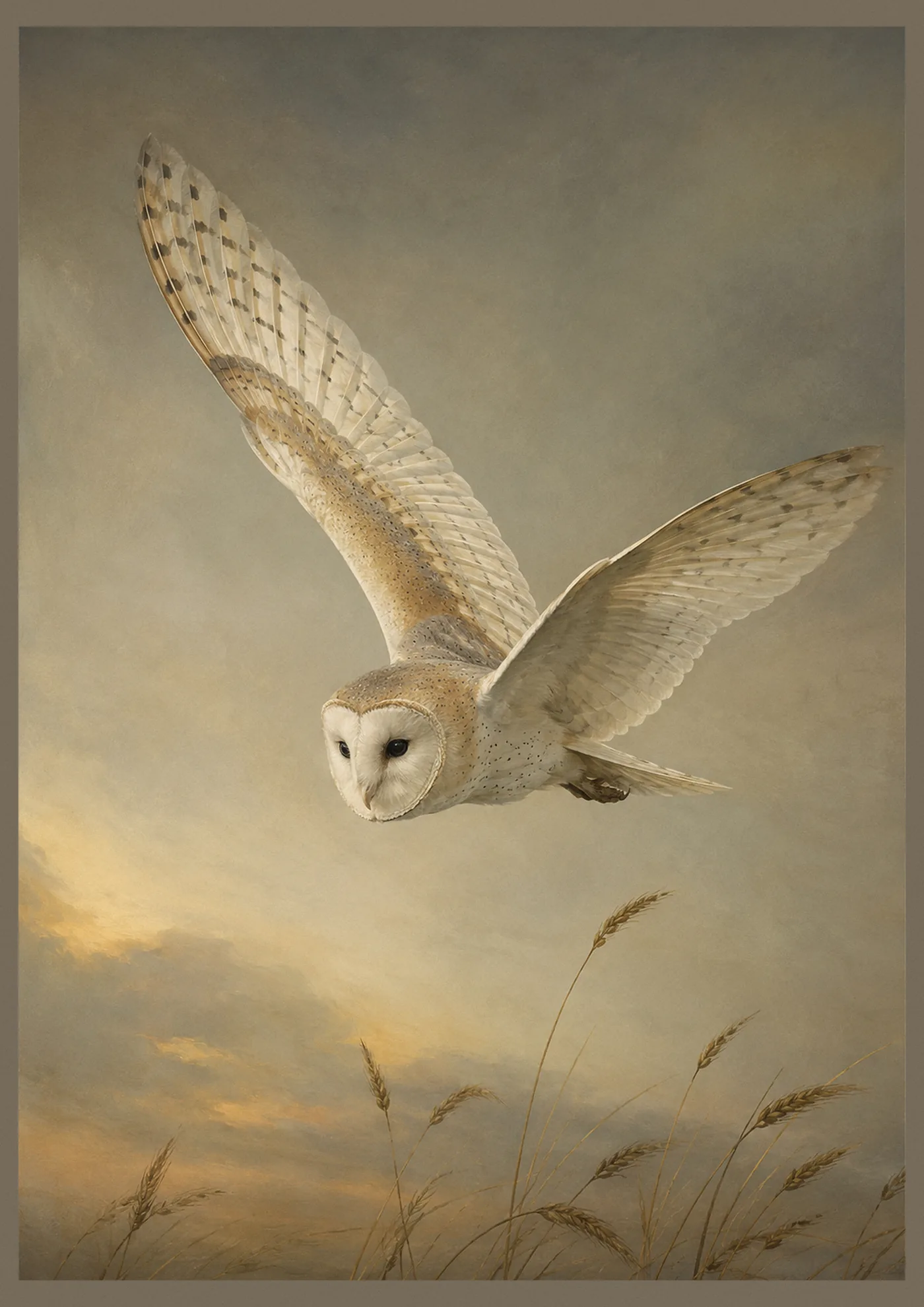 Audubon-style fine-art print of a Barn Owl in low, ghostly flight