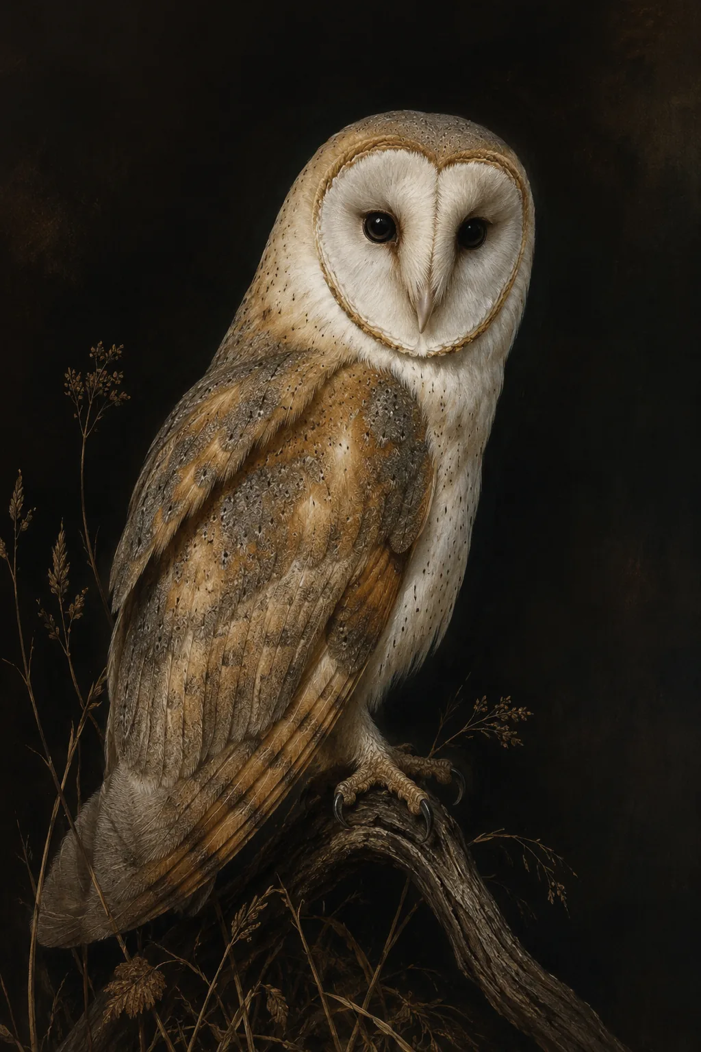 Fine-art plate of a Barn Owl, pale heart-shaped face, in the Audubon style