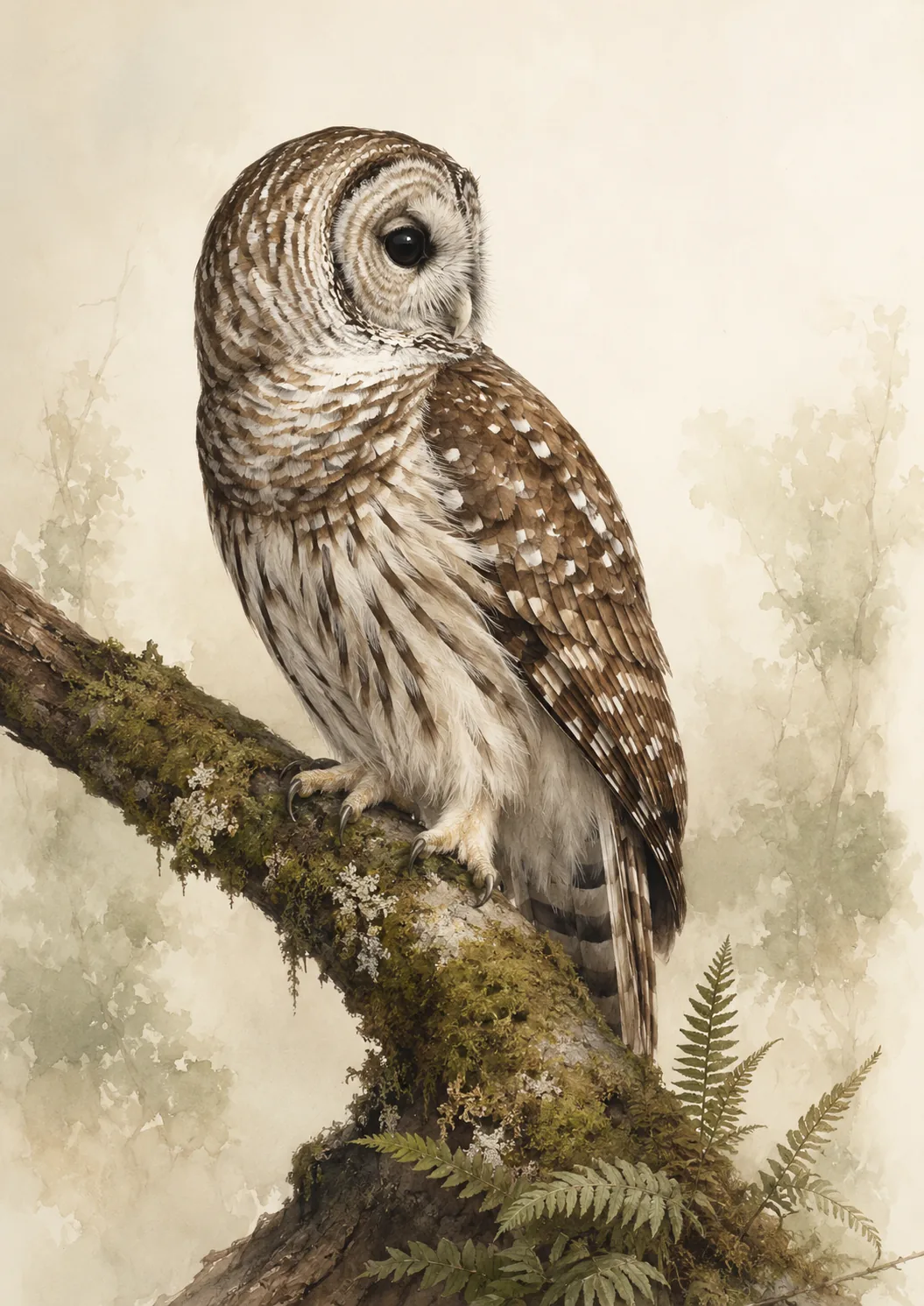 Audubon-style fine-art print of a Barred Owl perched on a mossy oak branch