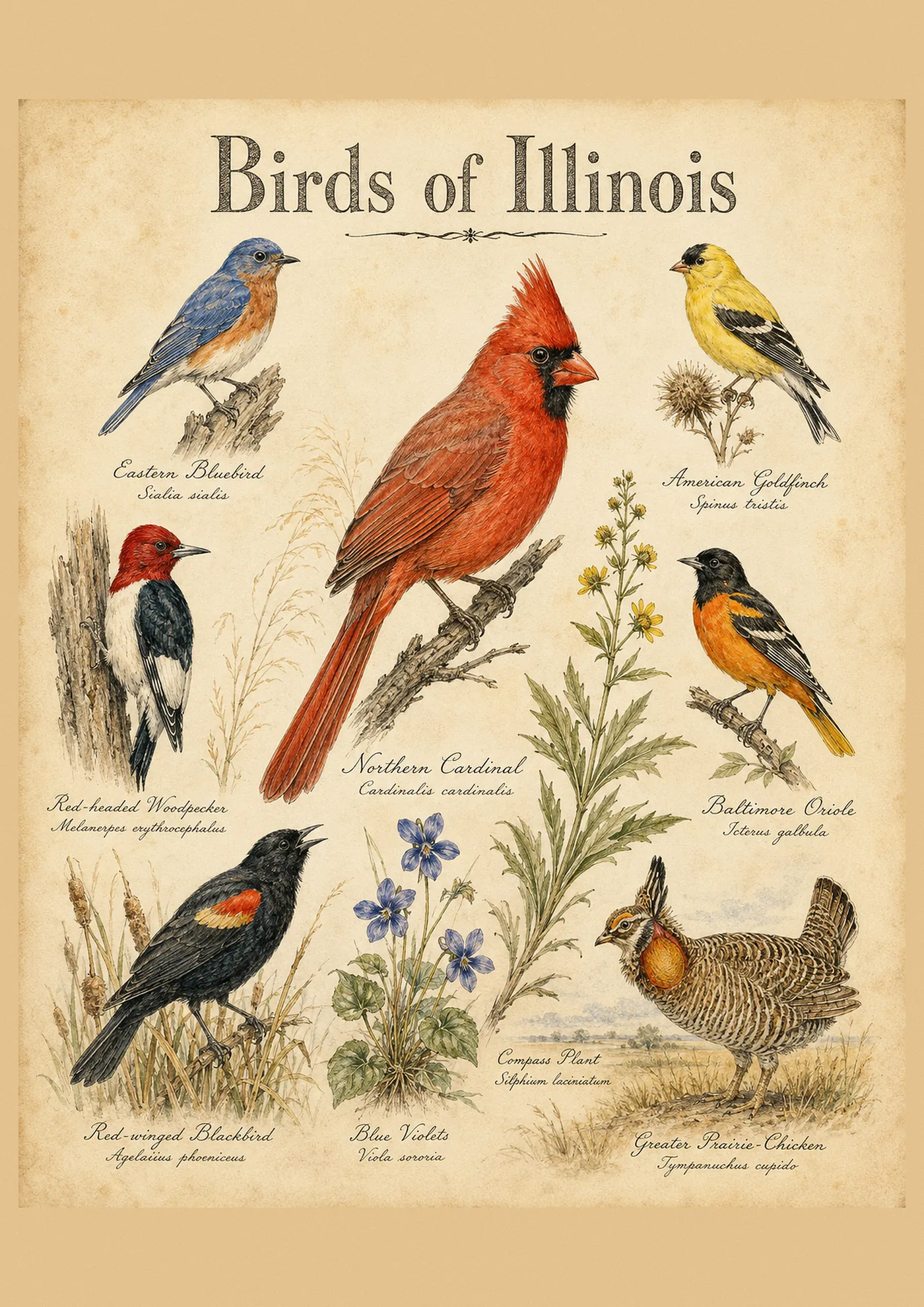 Fine-art composite plate of birds of Illinois including oriole, robin and warblers, in the Audubon style