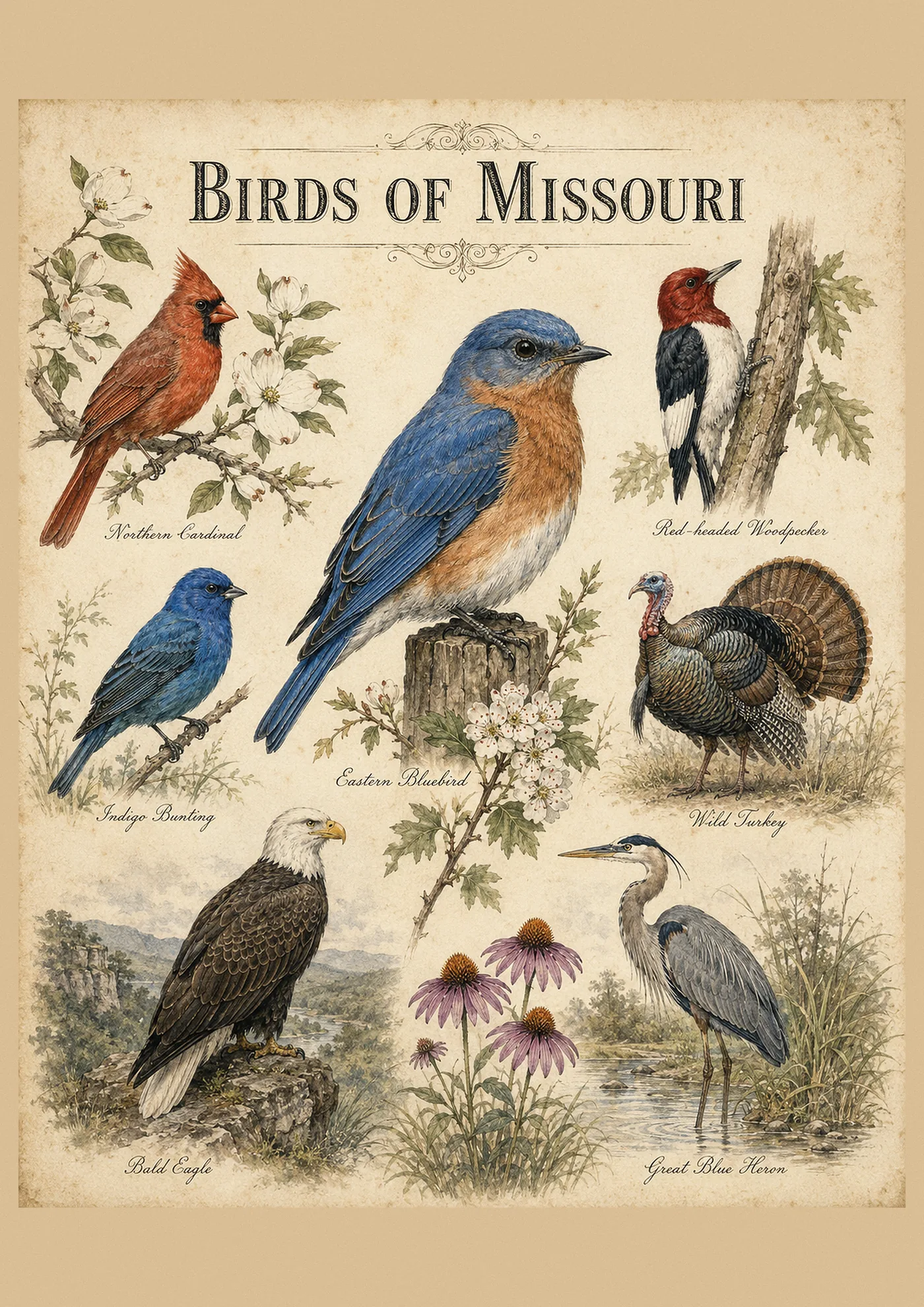 Fine-art plate of native Missouri birds gathered together, including the year-round Northern Cardinal and the state's red tanagers and finches, in the Audubon style