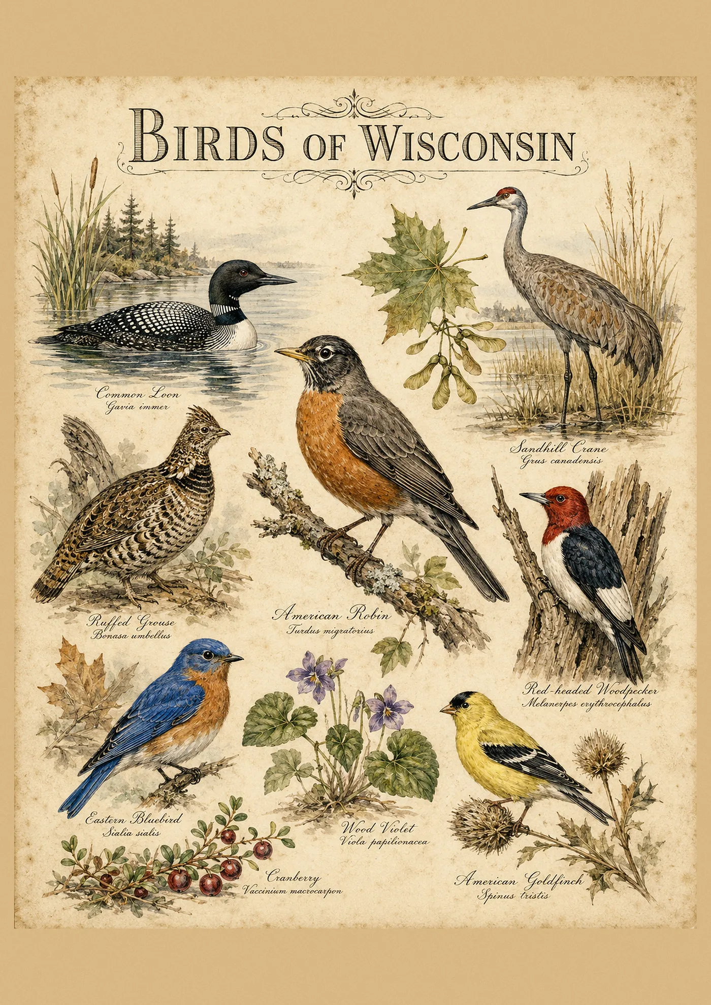 Fine-art plate of Wisconsin birds in the Audubon style, a Baltimore Oriole and the state-bird American Robin among elm branches