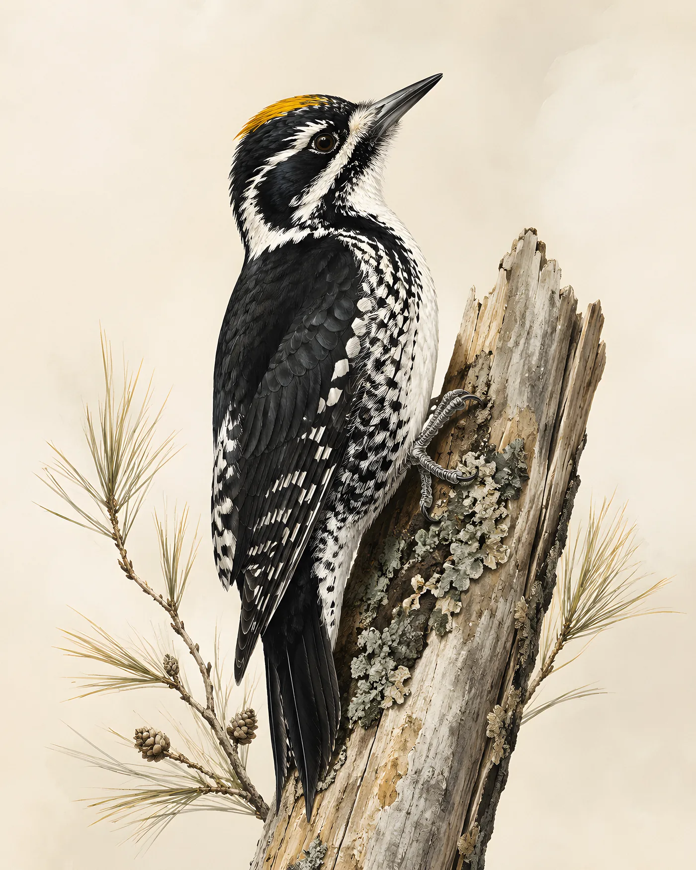 Fine-art Black Backed Woodpecker print in the Audubon style