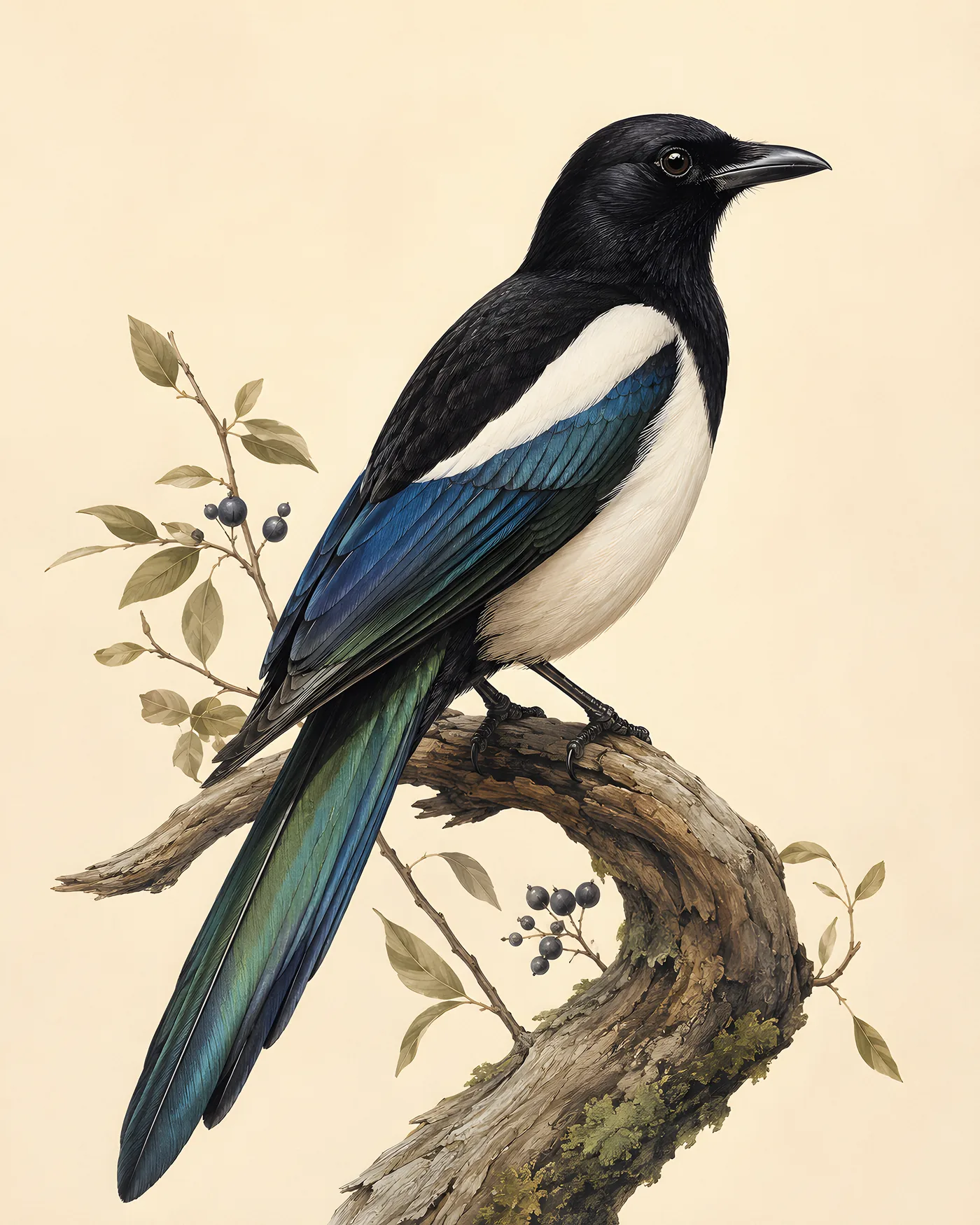 Fine-art Black Billed Magpie print in the Audubon style